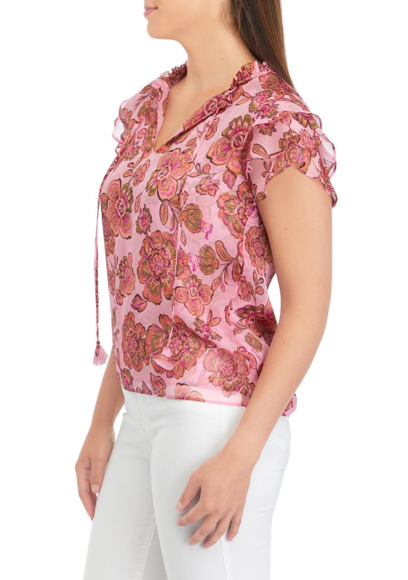 Womens Flutter Sleeve Printed Blouse
