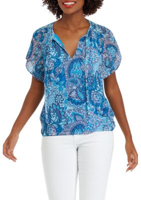 PHILOSOPHY BY REPUBLIC Women's Short Sleeve Printed Blouse, Blue, Small
