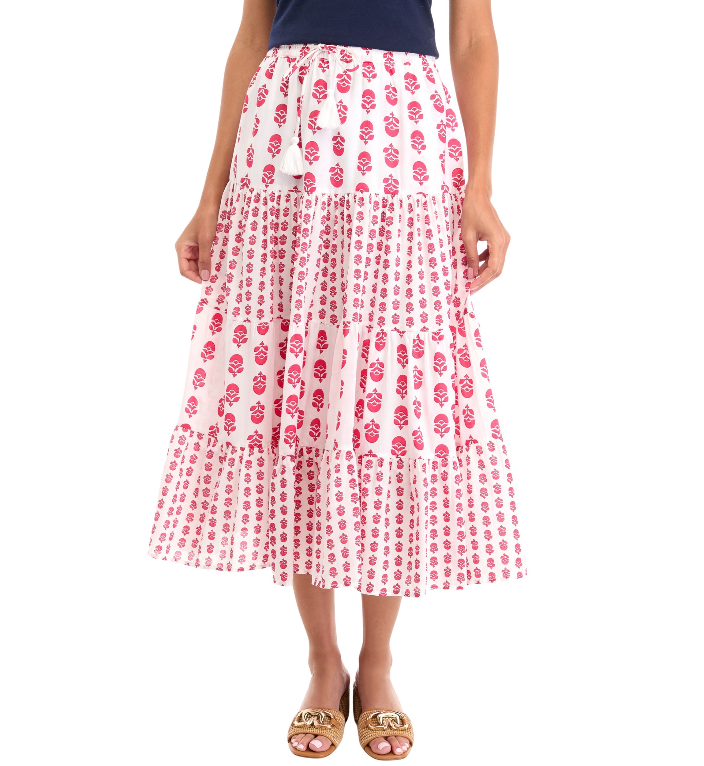 Womens Mix Print Tiered Midi Skirt