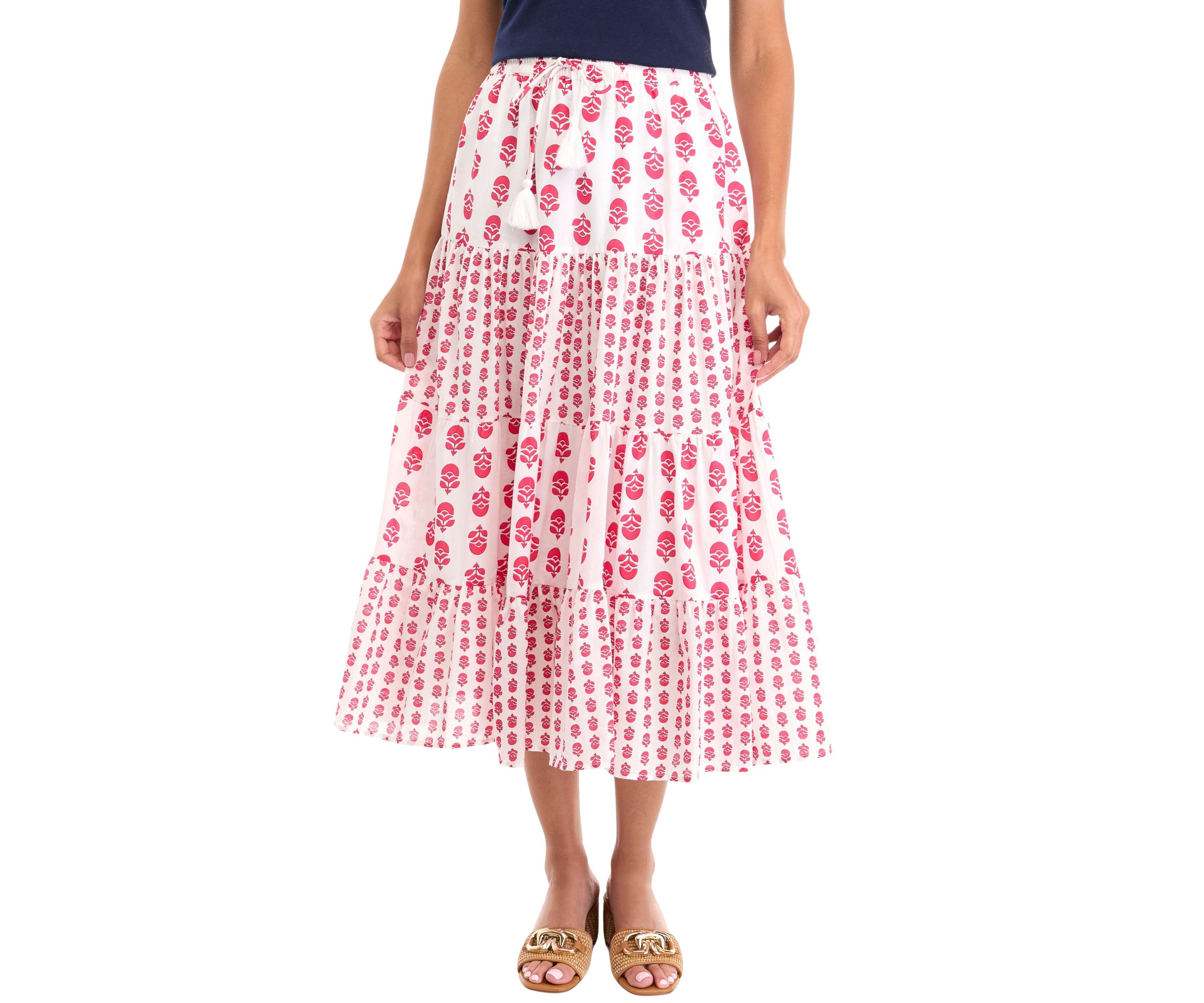 Womens Mix Print Tiered Midi Skirt
