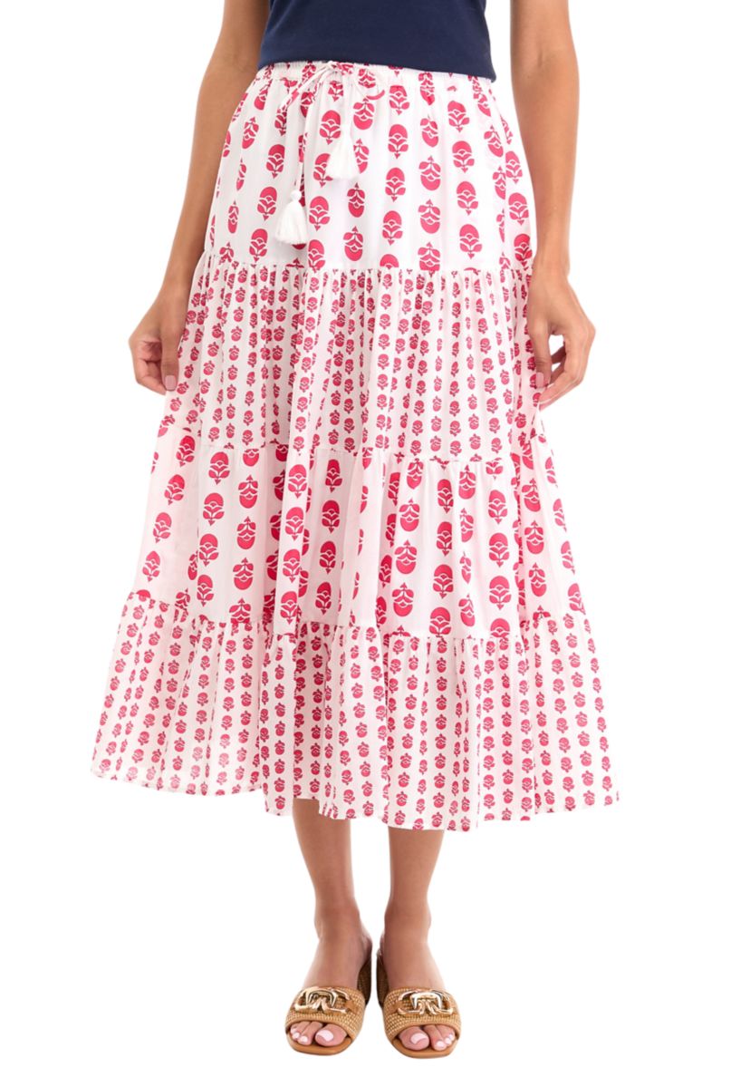 Womens Mix Print Tiered Midi Skirt