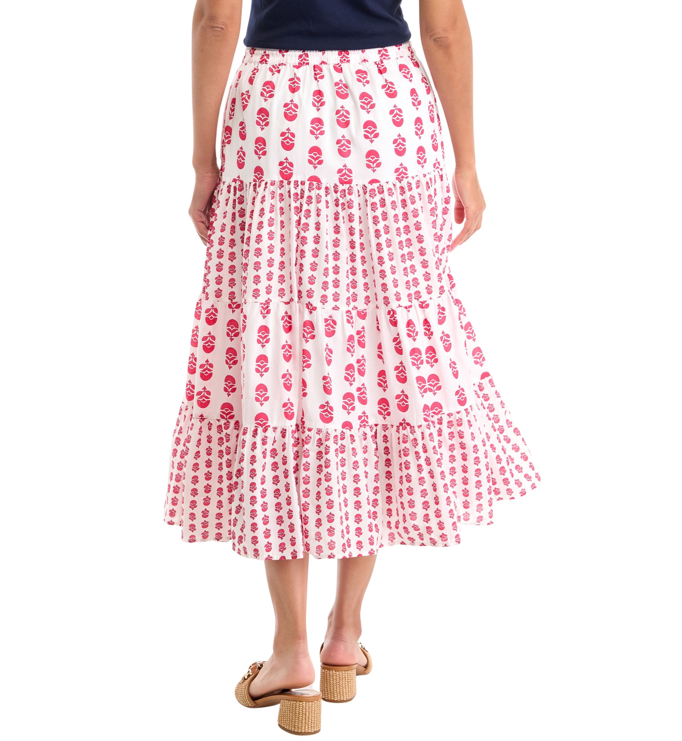 Womens Mix Print Tiered Midi Skirt