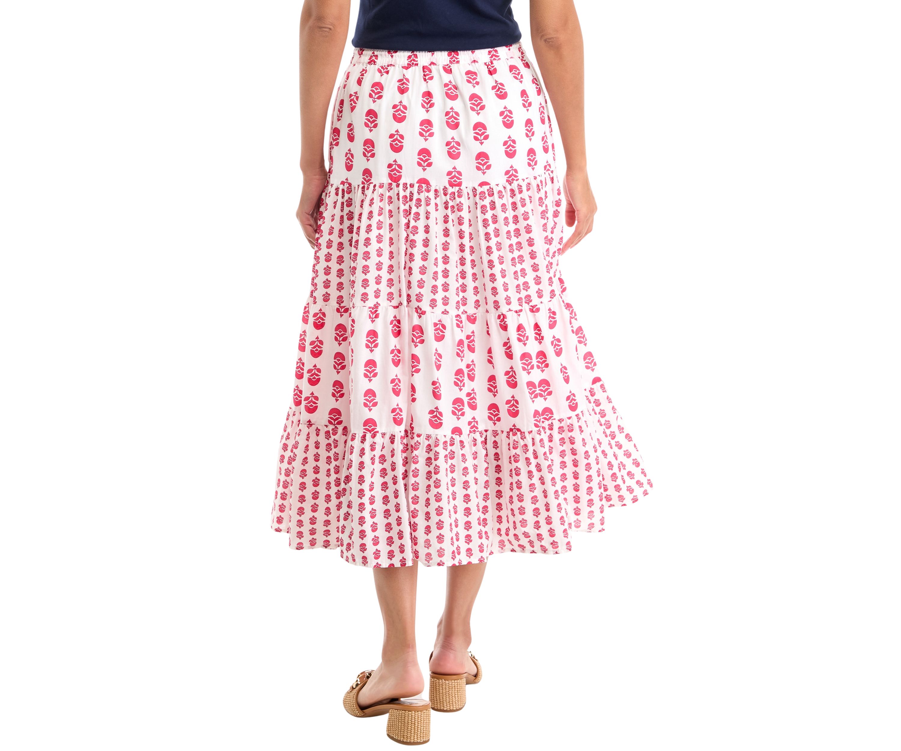 Womens Mix Print Tiered Midi Skirt