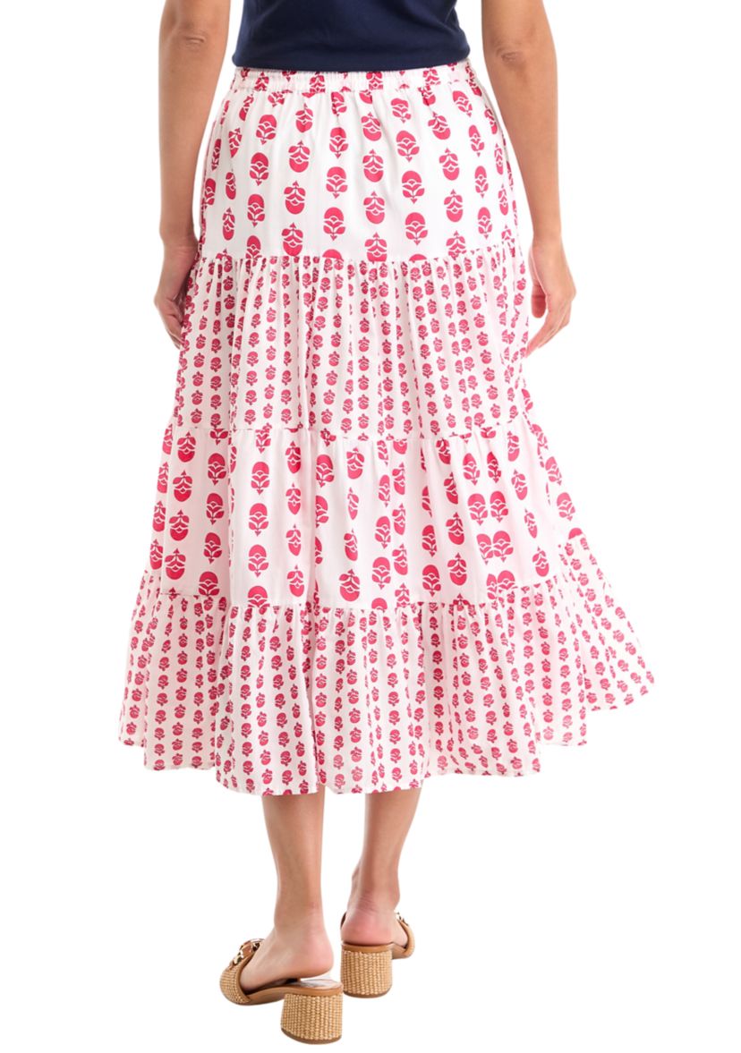 Womens Mix Print Tiered Midi Skirt