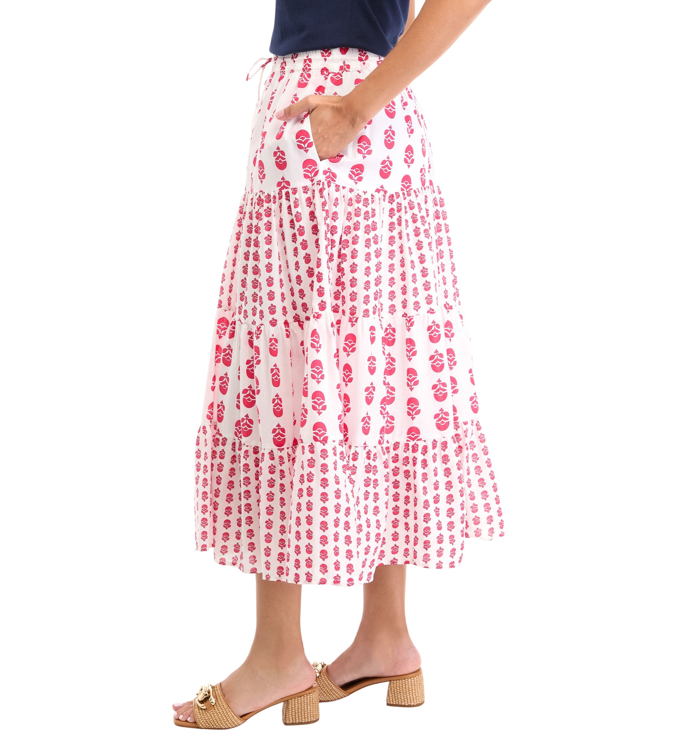Womens Mix Print Tiered Midi Skirt