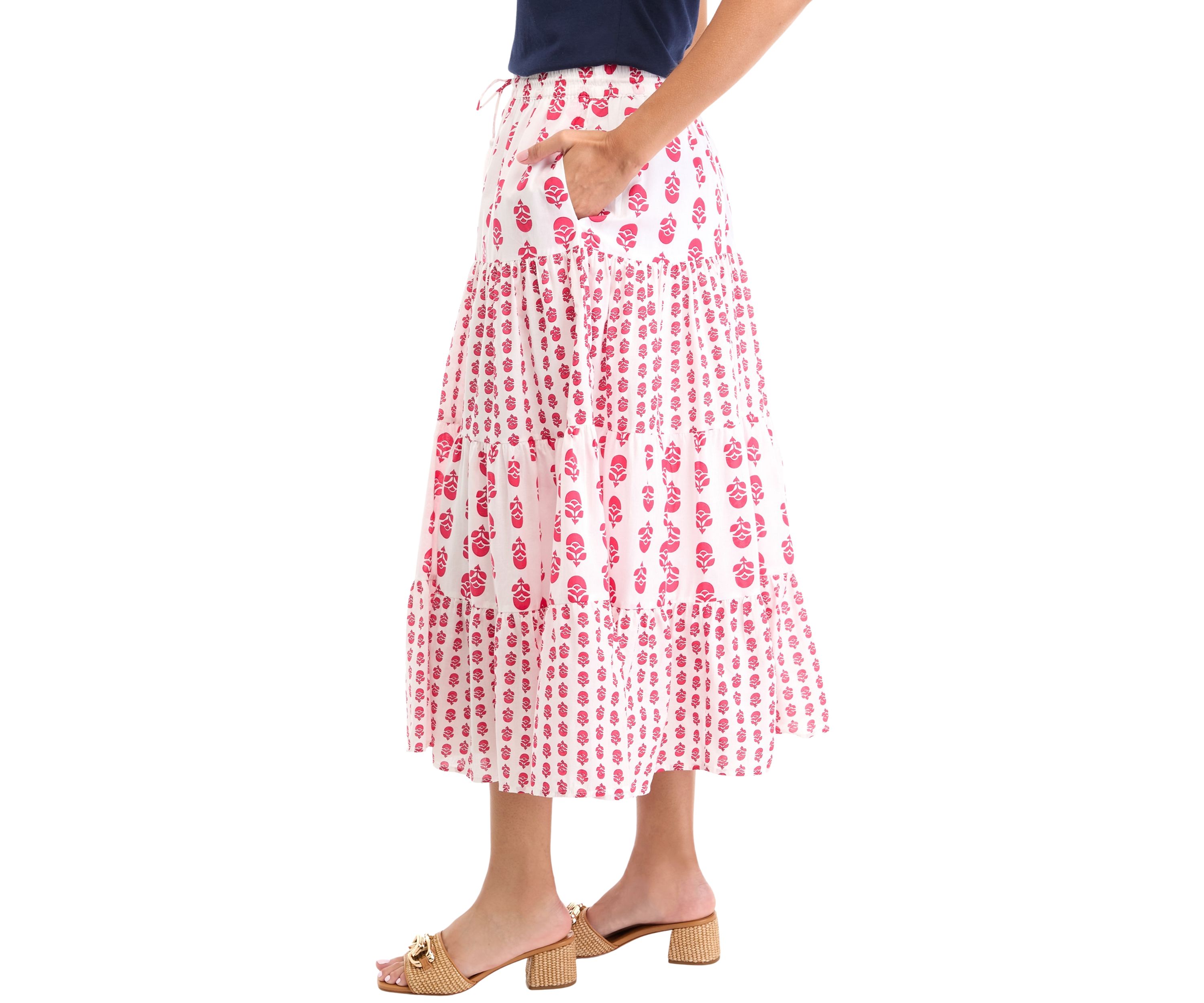 Womens Mix Print Tiered Midi Skirt