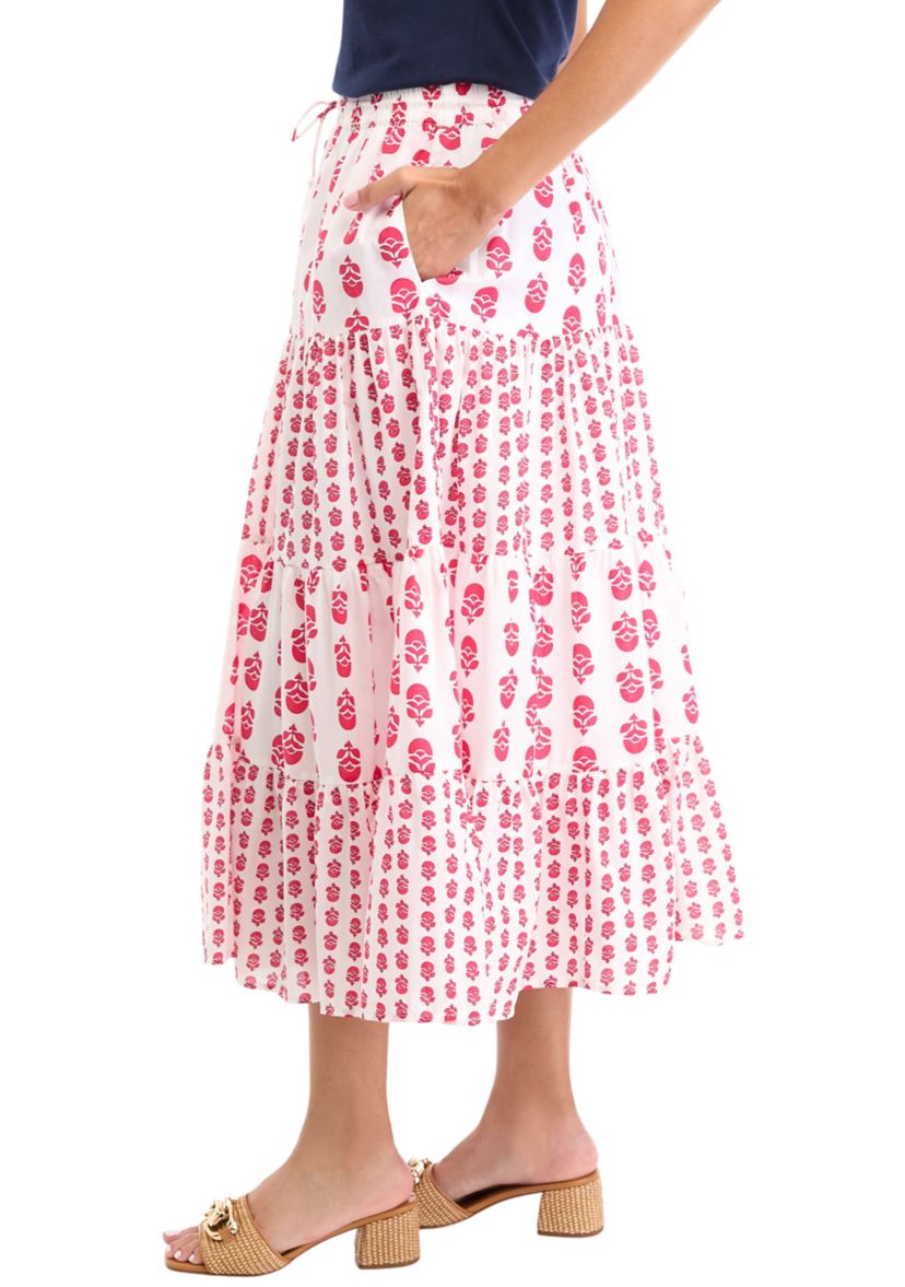 Womens Mix Print Tiered Midi Skirt