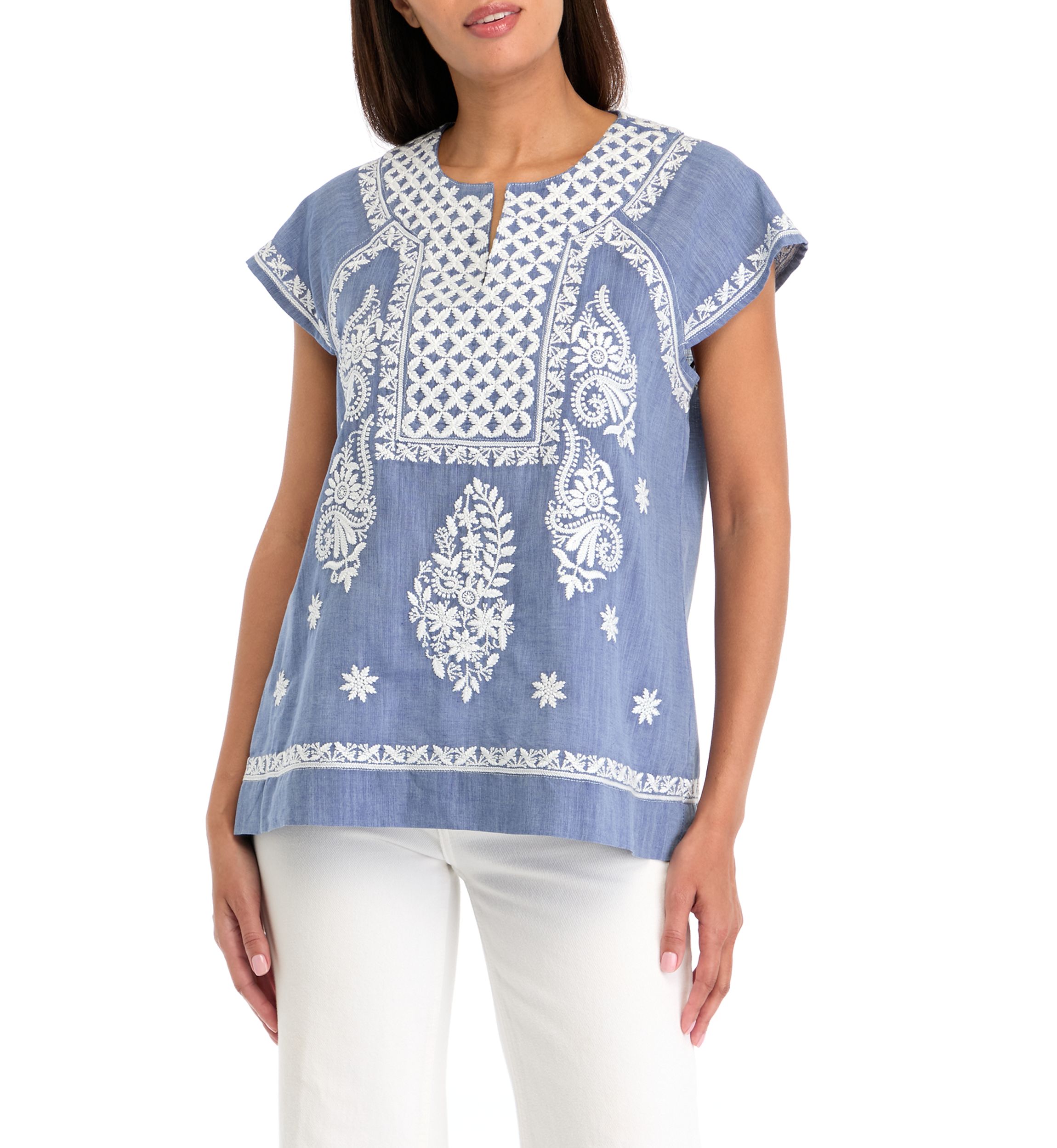 Womens Embroidered Split Neck Top