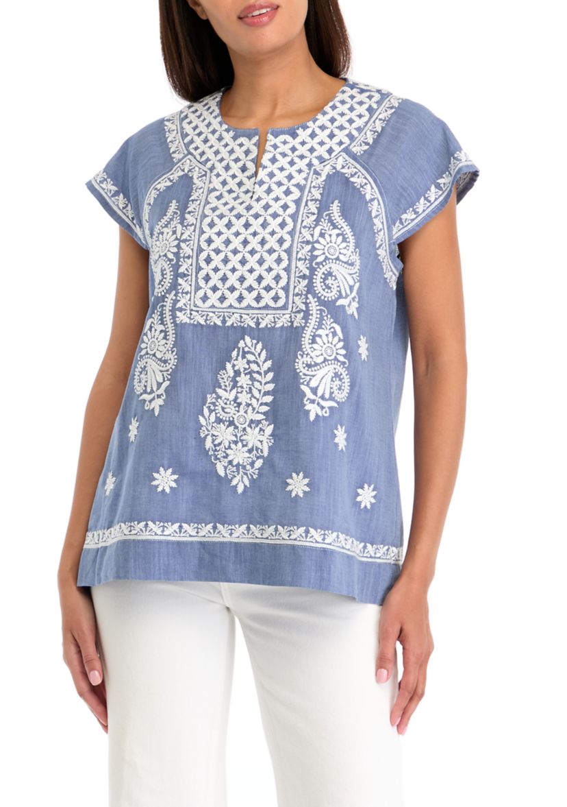 Womens Embroidered Split Neck Top