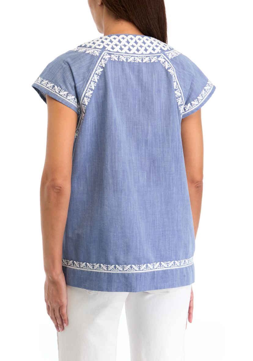 Womens Embroidered Split Neck Top