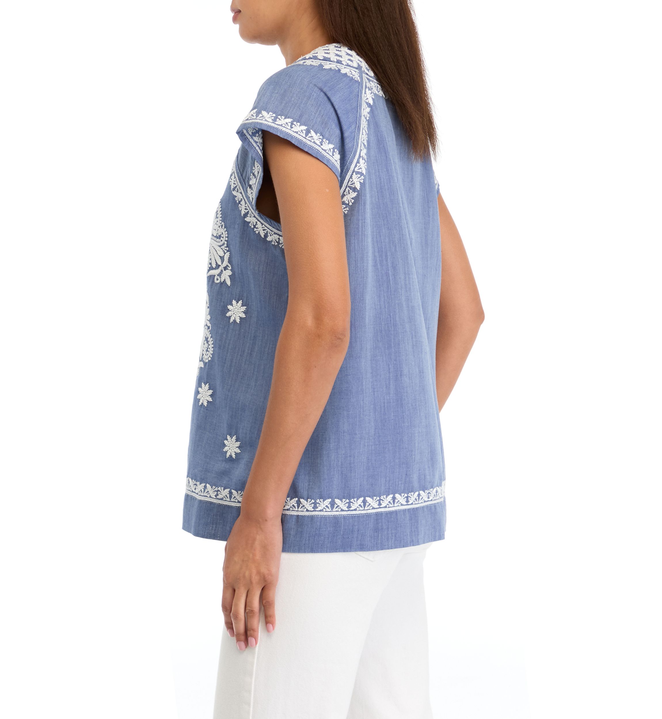 Womens Embroidered Split Neck Top