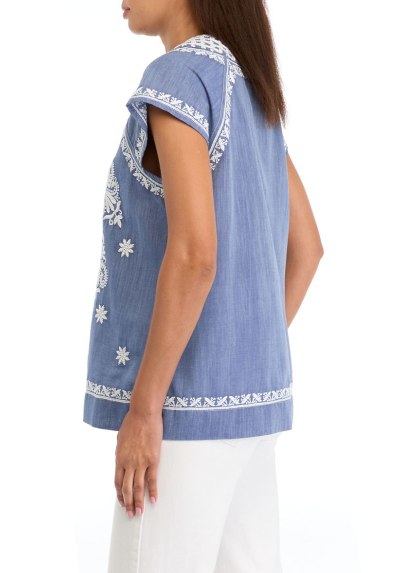 Womens Embroidered Split Neck Top