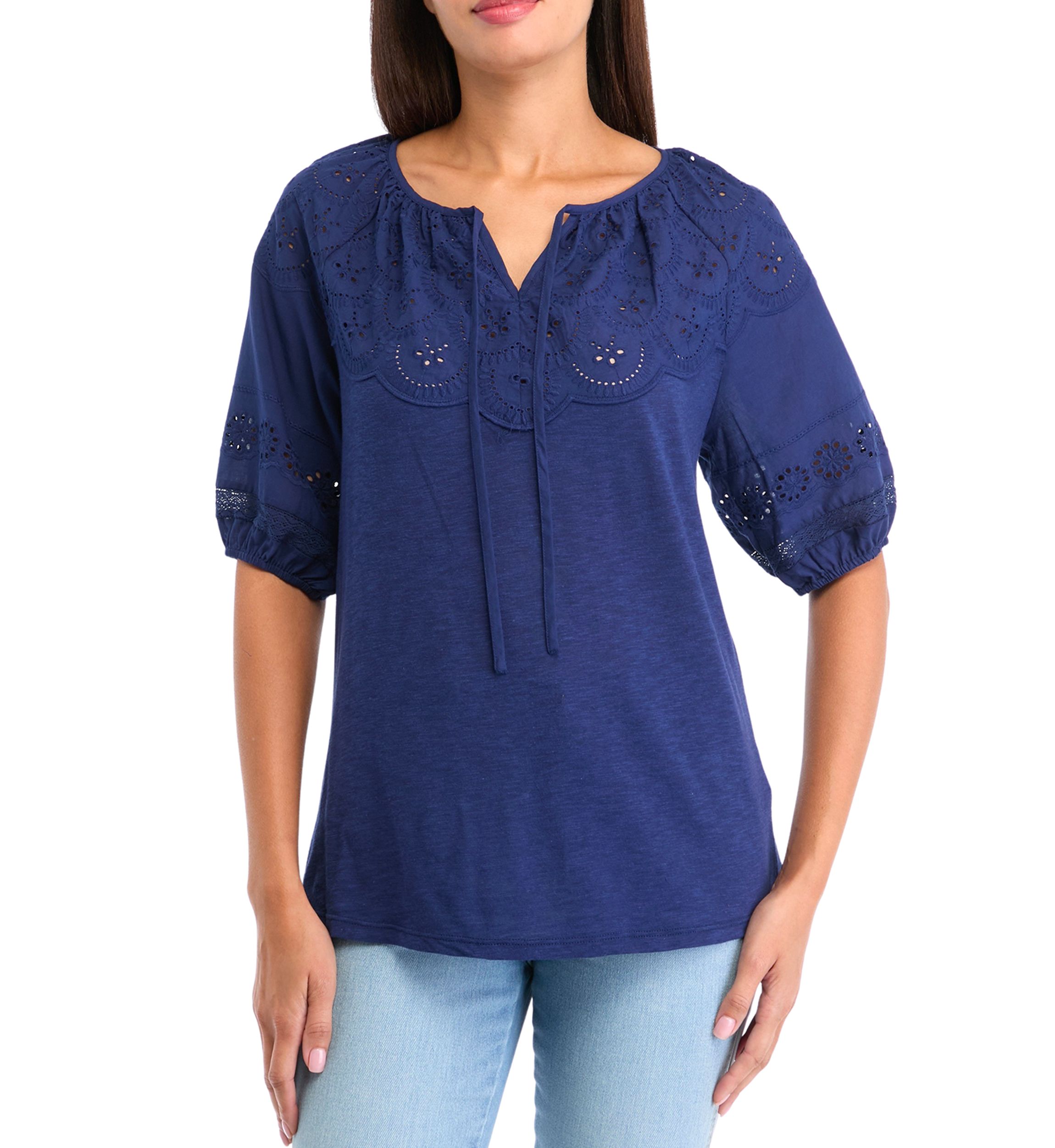 Womens Puff Sleeve Eyelet Cutout Knit Peasant Top 