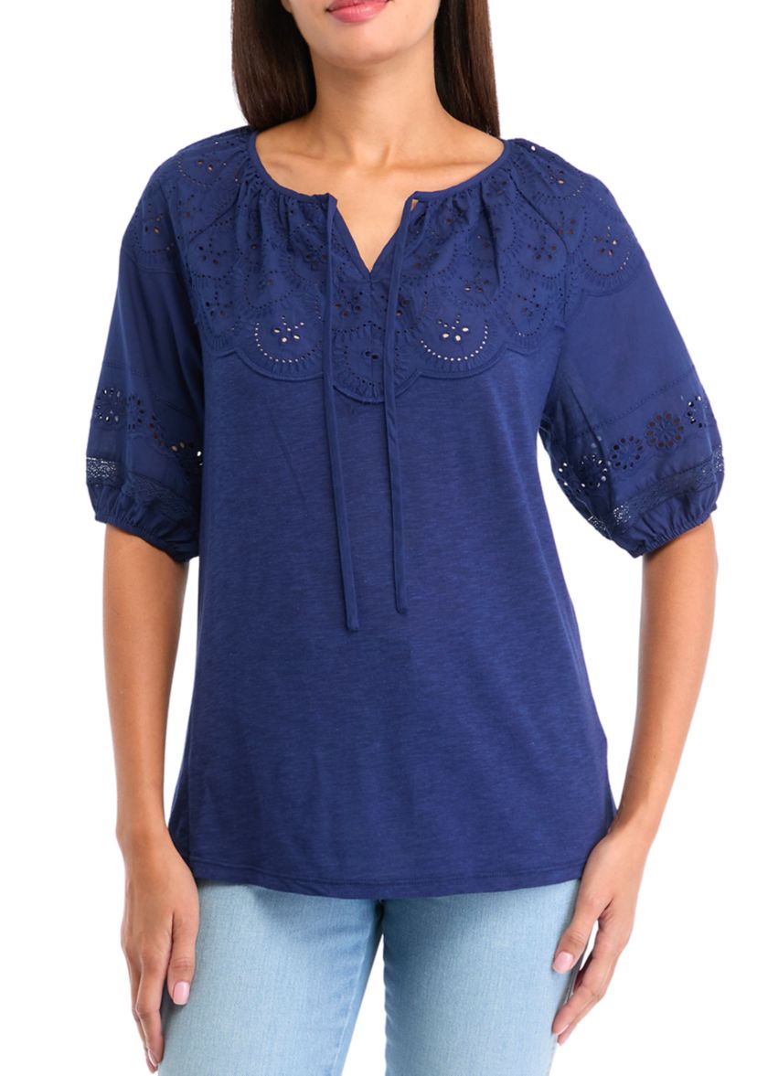 Womens Puff Sleeve Eyelet Cutout Knit Peasant Top 