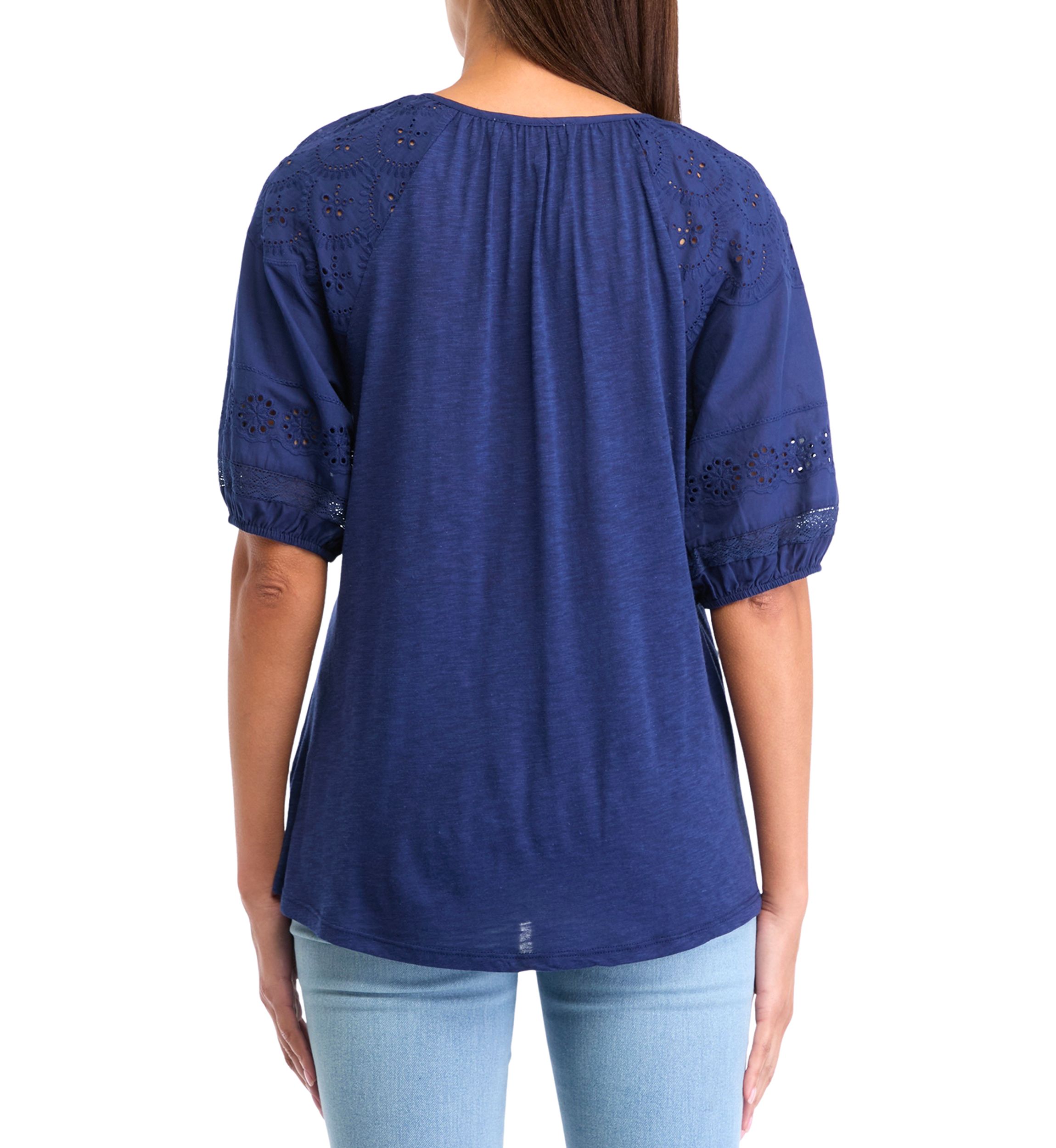 Womens Puff Sleeve Eyelet Cutout Knit Peasant Top 