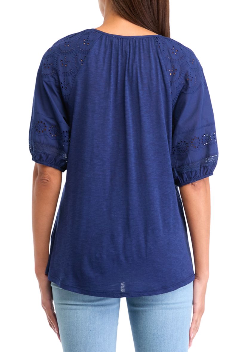 Womens Puff Sleeve Eyelet Cutout Knit Peasant Top 