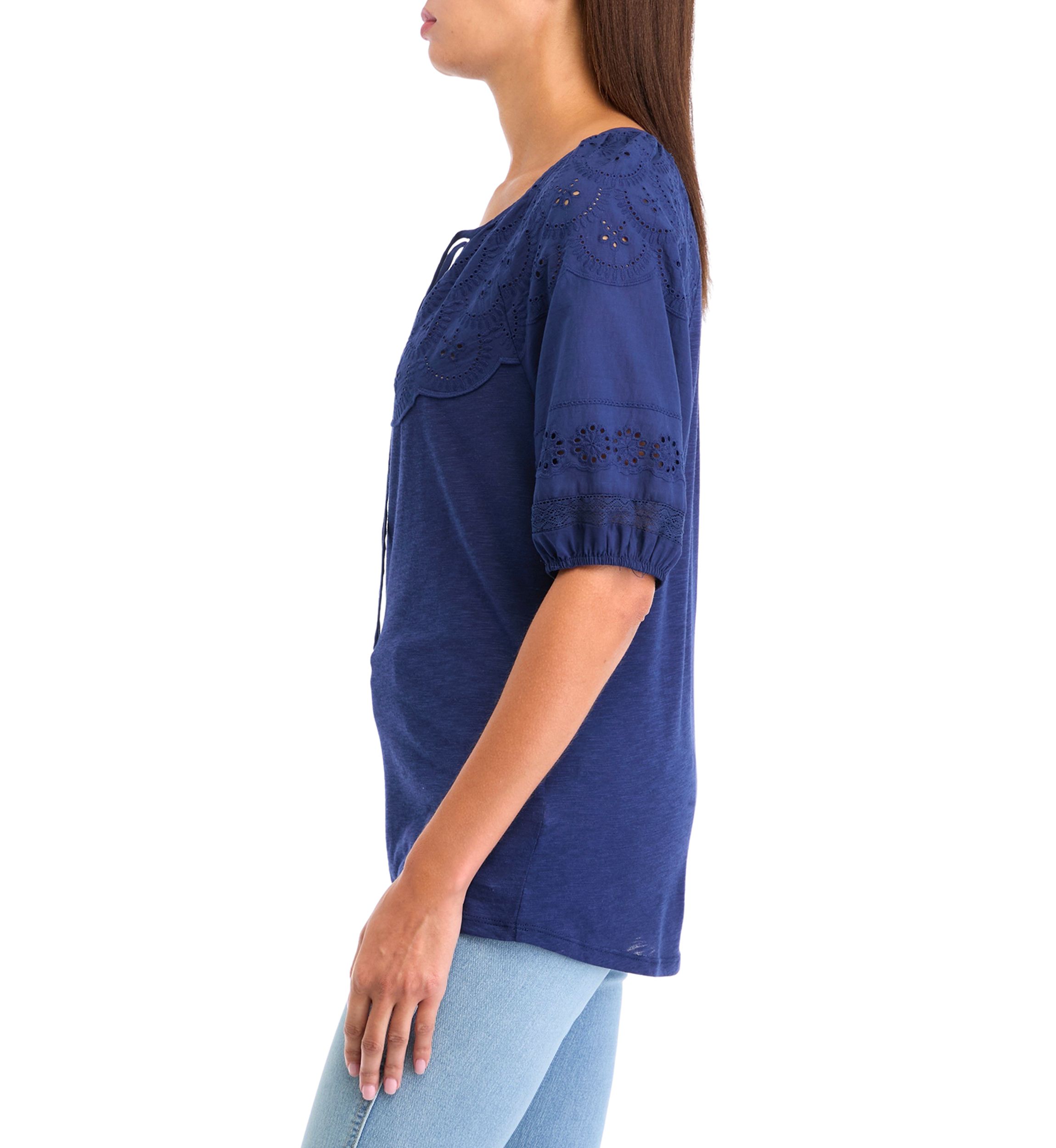 Womens Puff Sleeve Eyelet Cutout Knit Peasant Top 