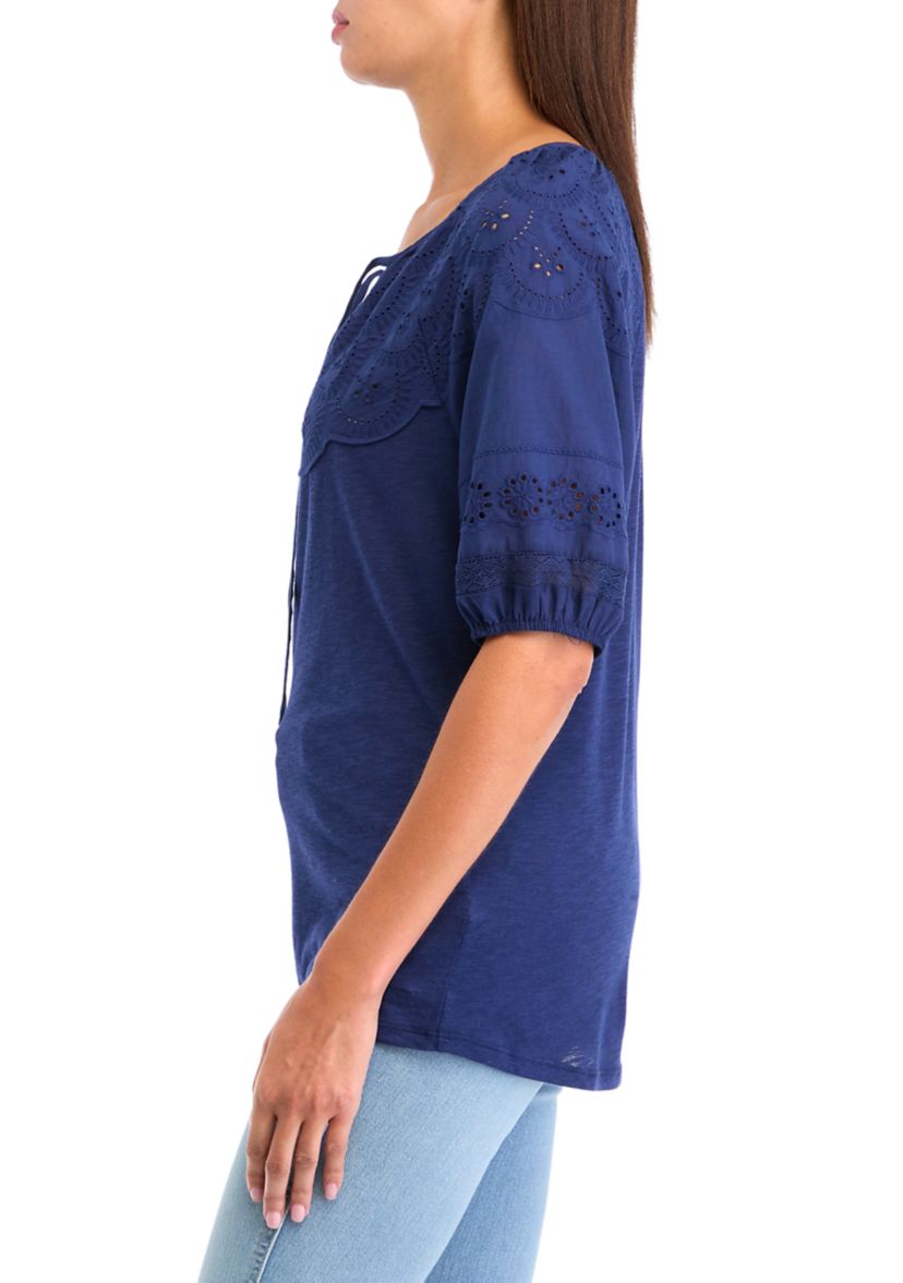 Womens Puff Sleeve Eyelet Cutout Knit Peasant Top 