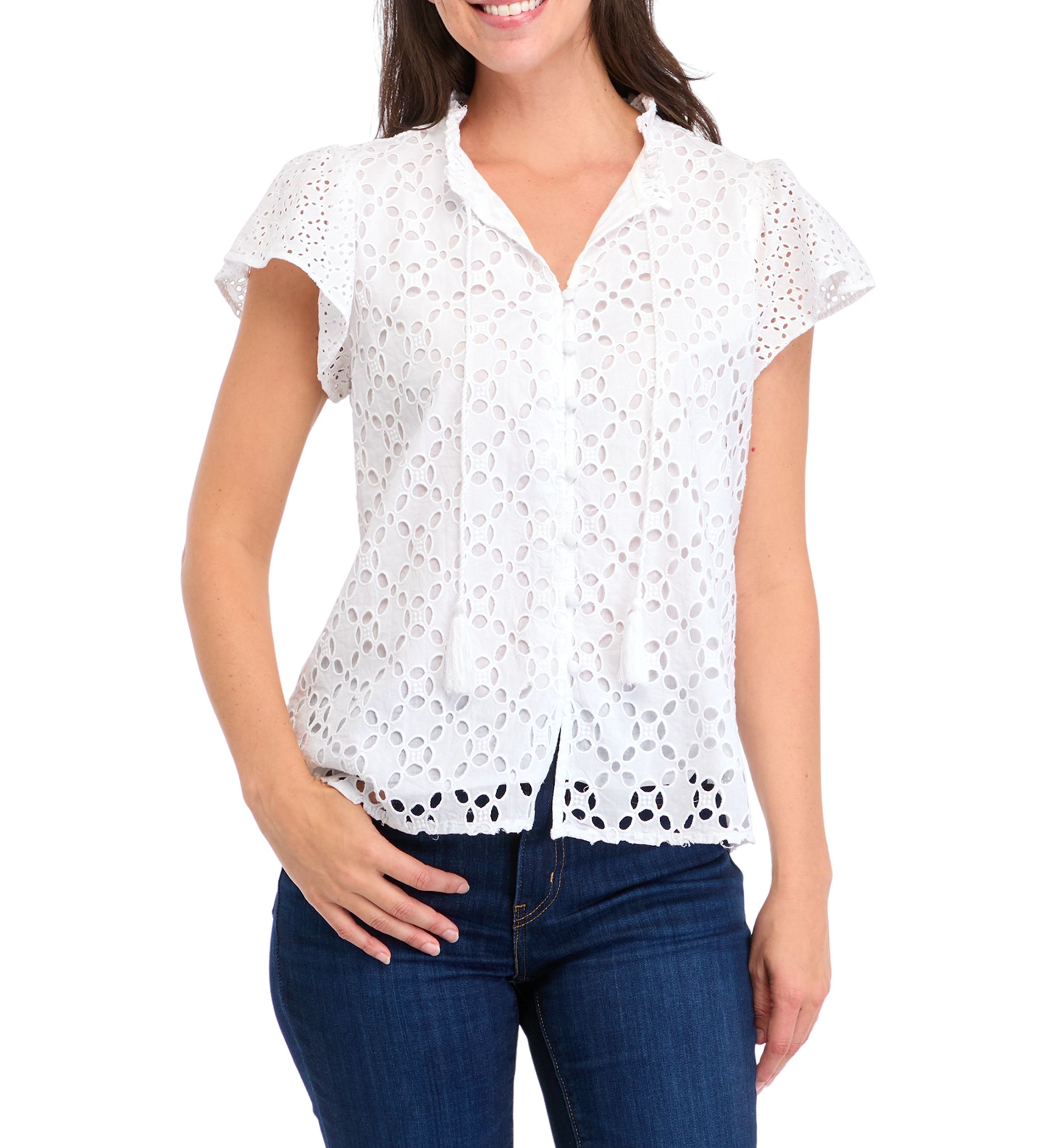 Womens Ruffle Sleeve Eyelet Button Up Top 