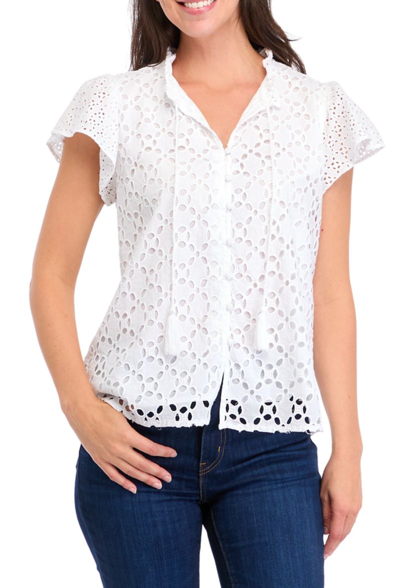 Womens Ruffle Sleeve Eyelet Button Up Top 