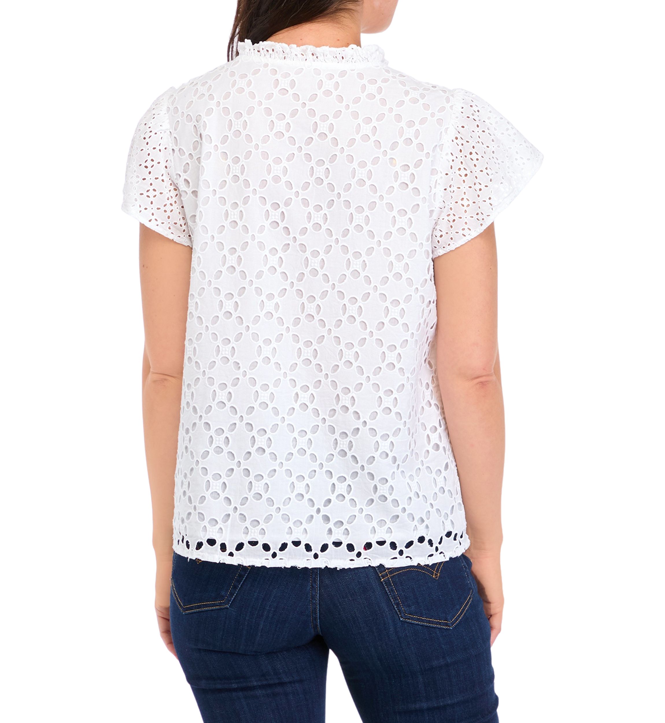 Womens Ruffle Sleeve Eyelet Button Up Top 