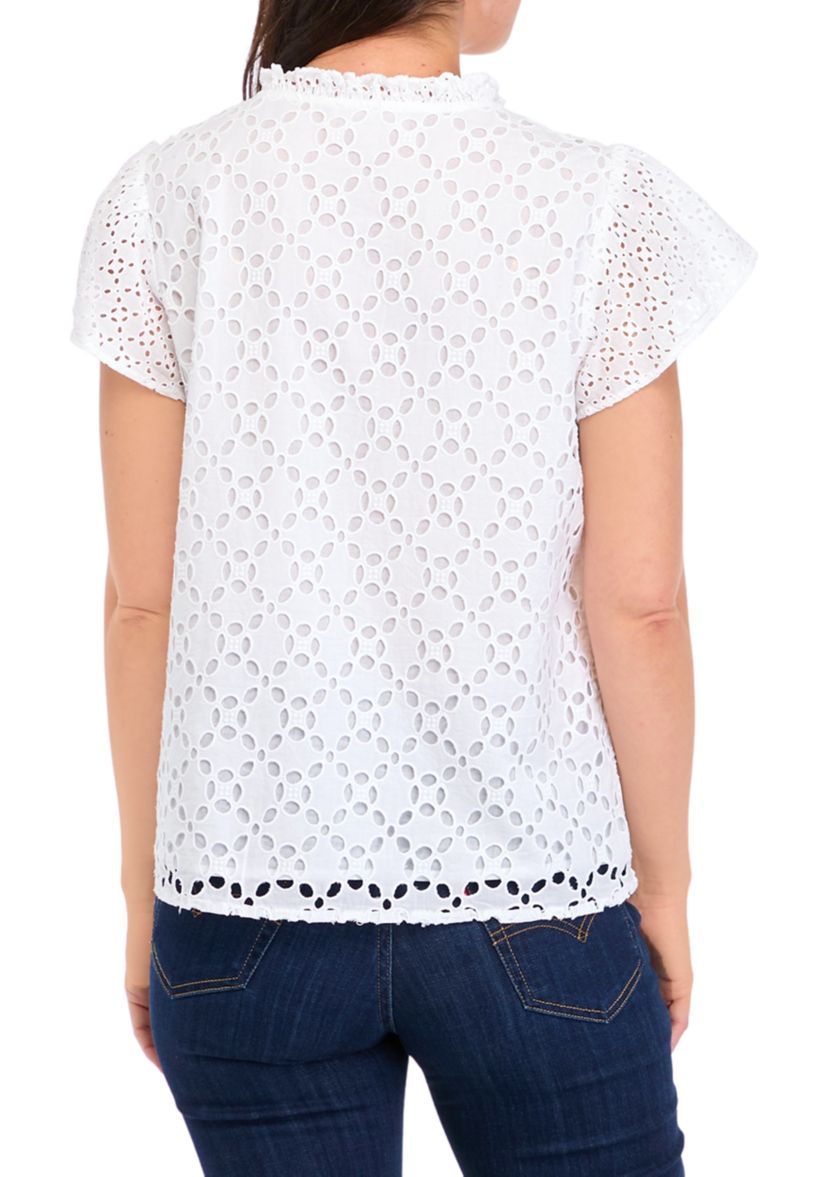 Womens Ruffle Sleeve Eyelet Button Up Top 