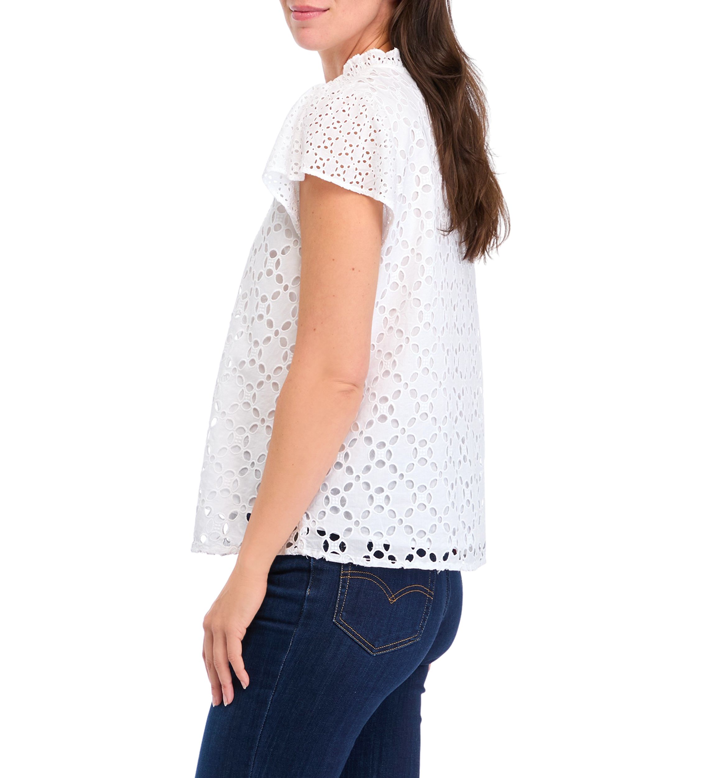 Womens Ruffle Sleeve Eyelet Button Up Top 