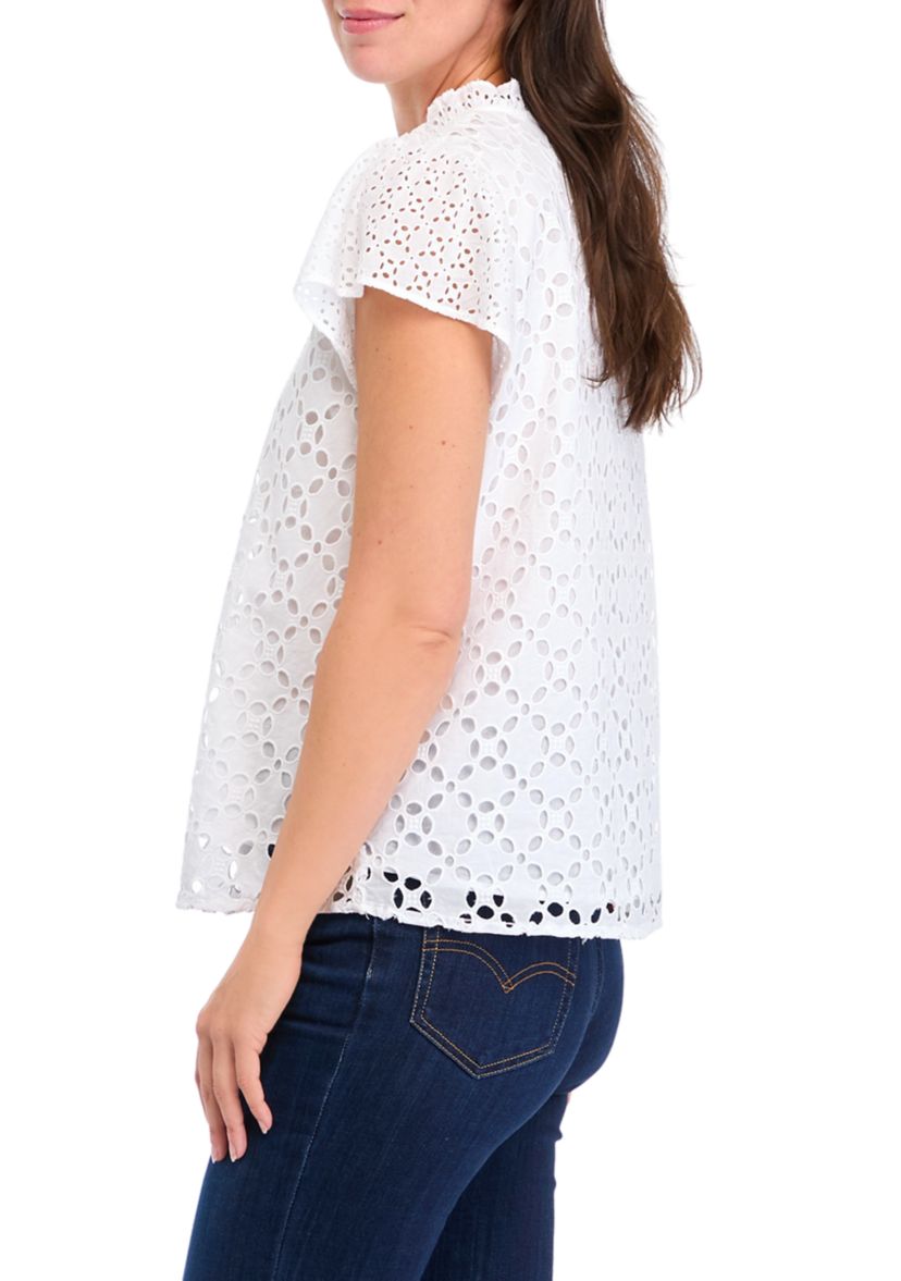Womens Ruffle Sleeve Eyelet Button Up Top 