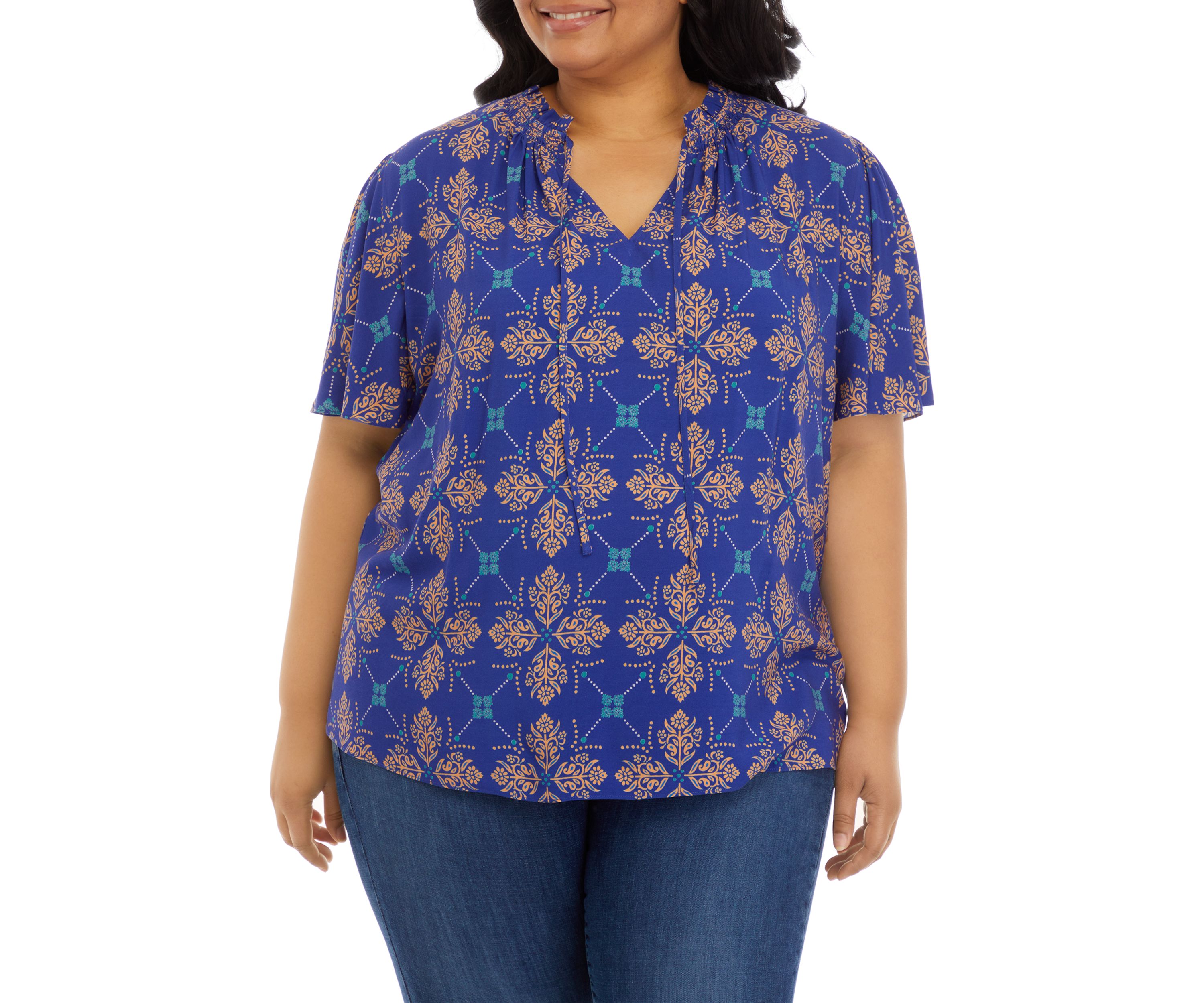 Plus Size Short Sleeve Peasant Woven Top 