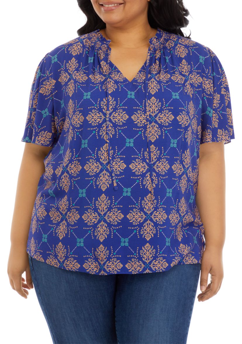 Plus Size Short Sleeve Peasant Woven Top 