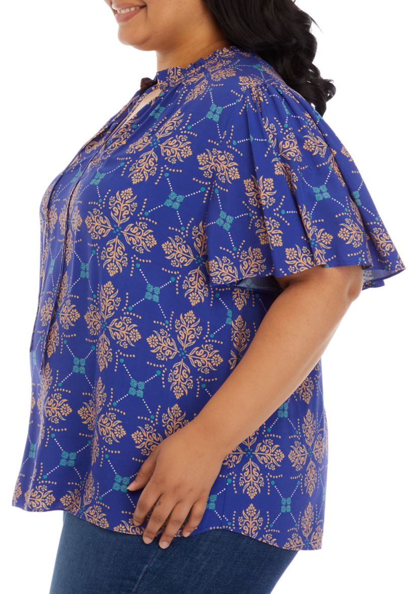 Plus Size Short Sleeve Peasant Woven Top 