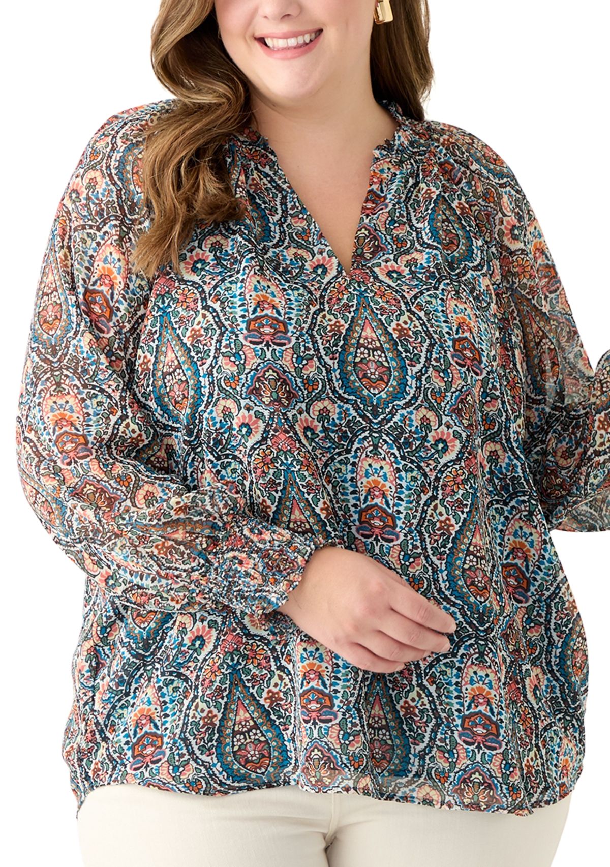 Plus Size Long Sleeve Printed Blouse