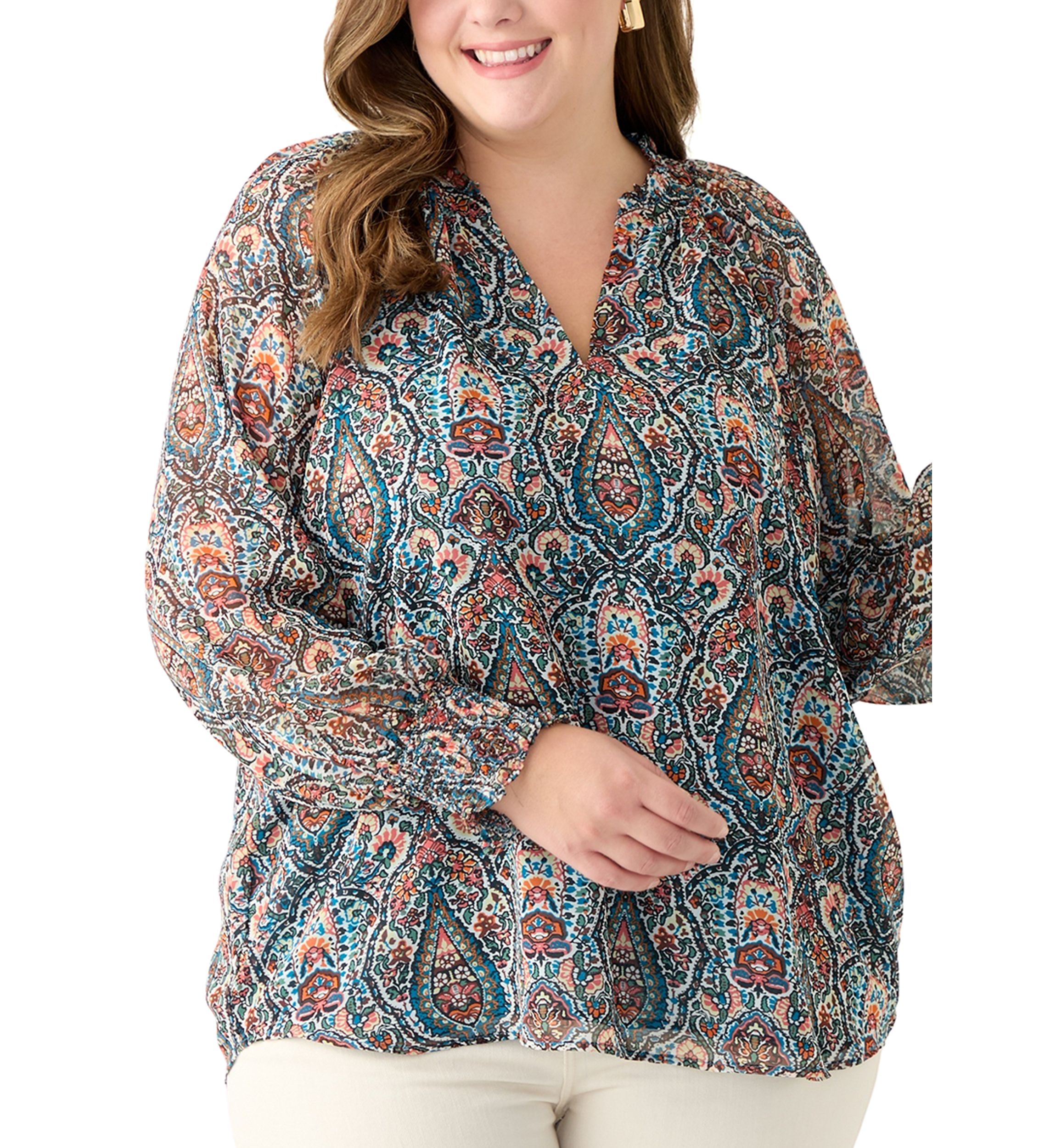 Plus Size Long Sleeve Printed Blouse