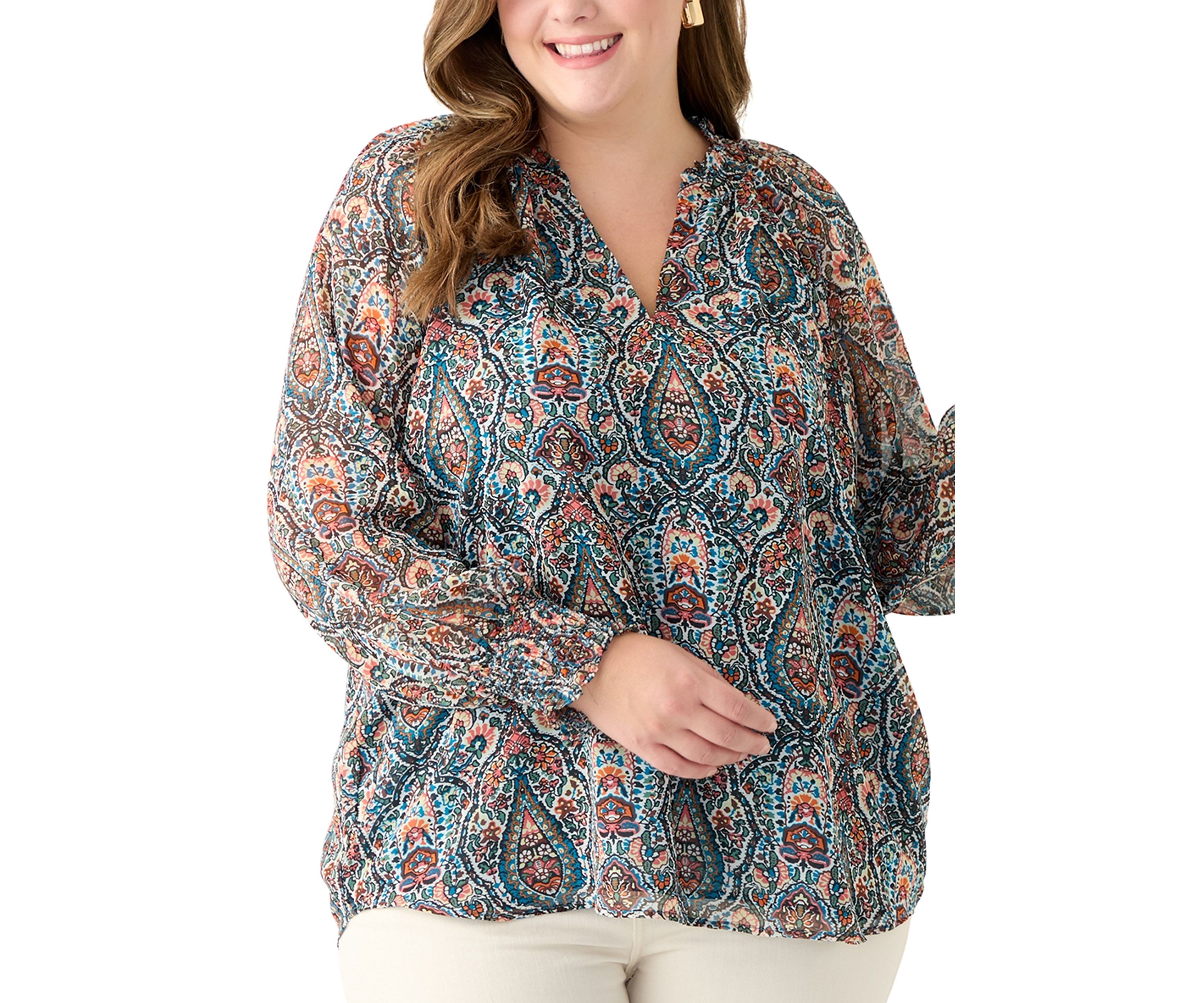 Plus Size Long Sleeve Printed Blouse