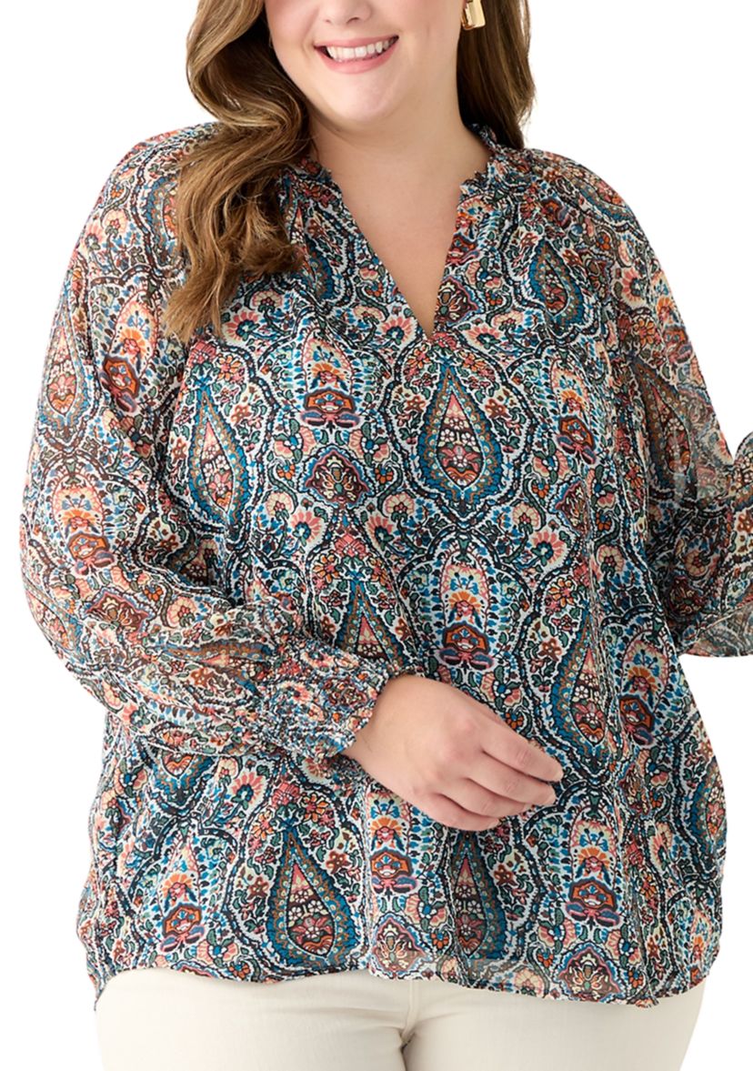 Plus Size Long Sleeve Printed Blouse