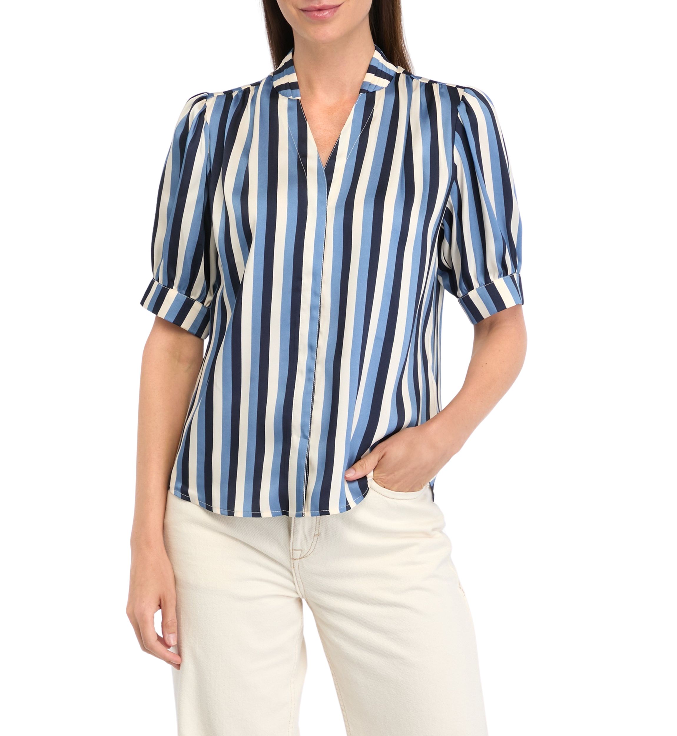 Petite Short Sleeve Pleated Woven Satin Blouse with Shirring
