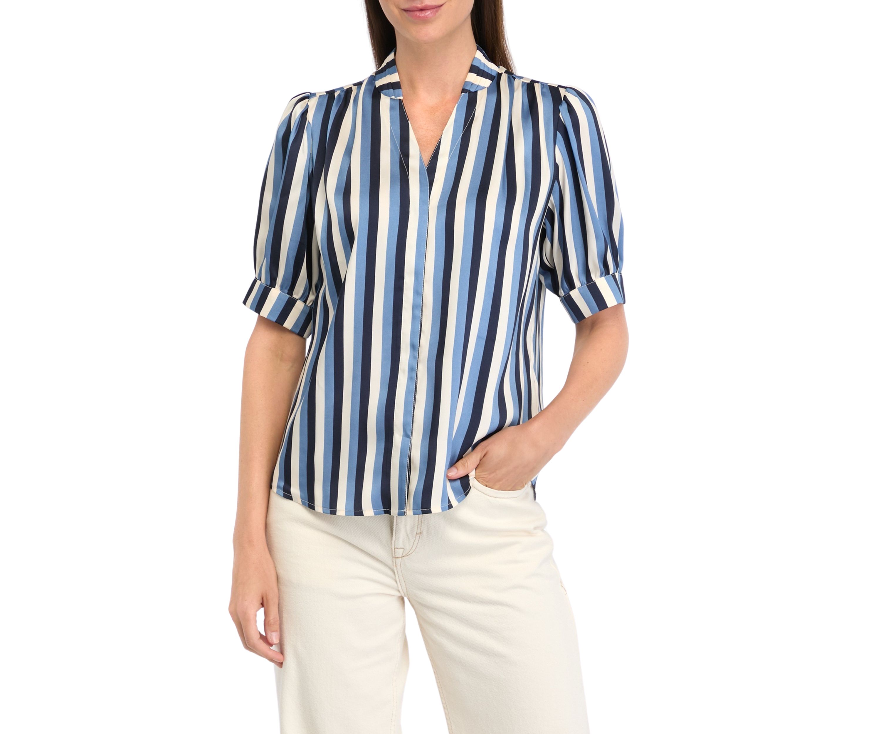 Petite Short Sleeve Pleated Woven Satin Blouse with Shirring