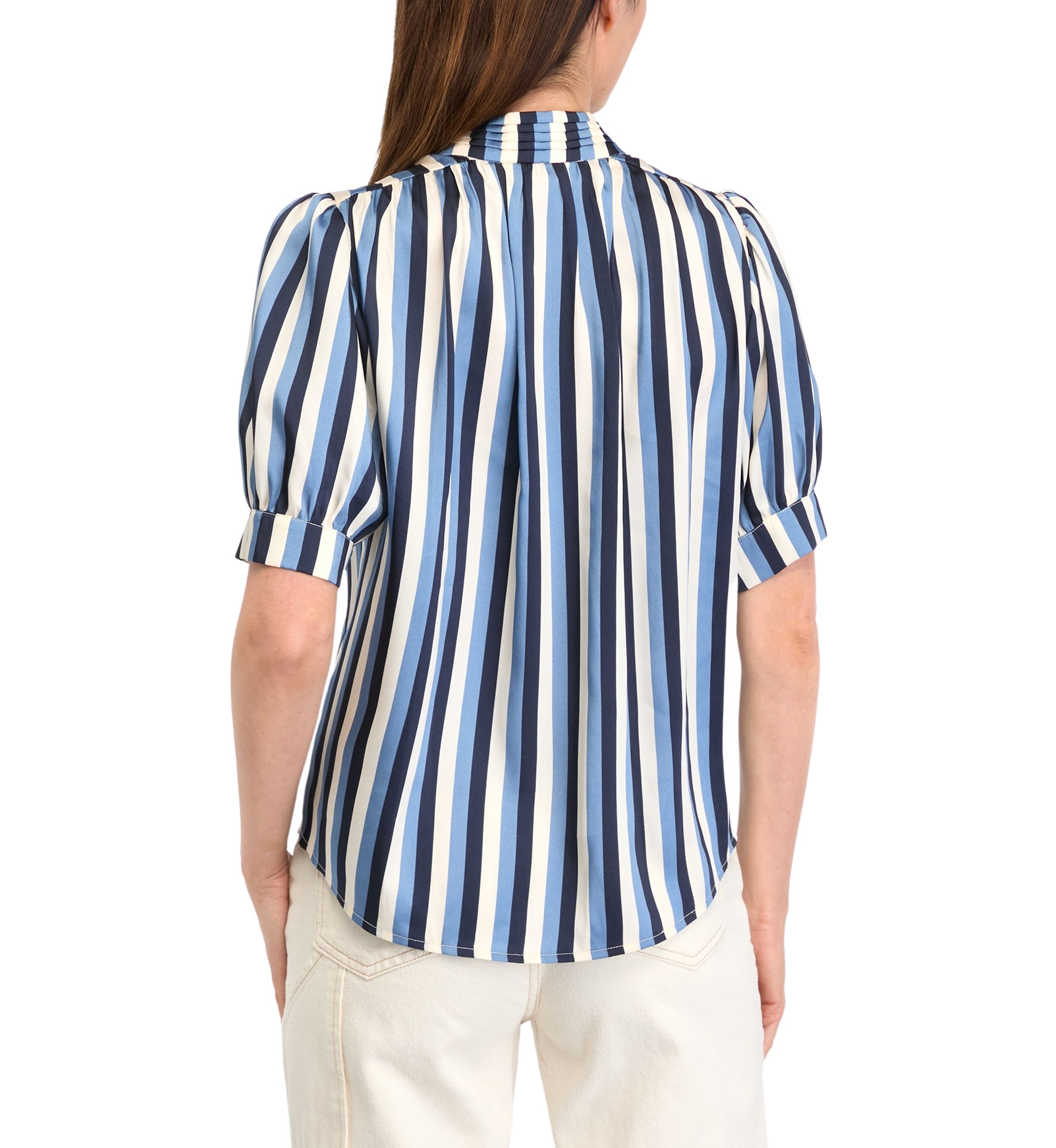 Petite Short Sleeve Pleated Woven Satin Blouse with Shirring
