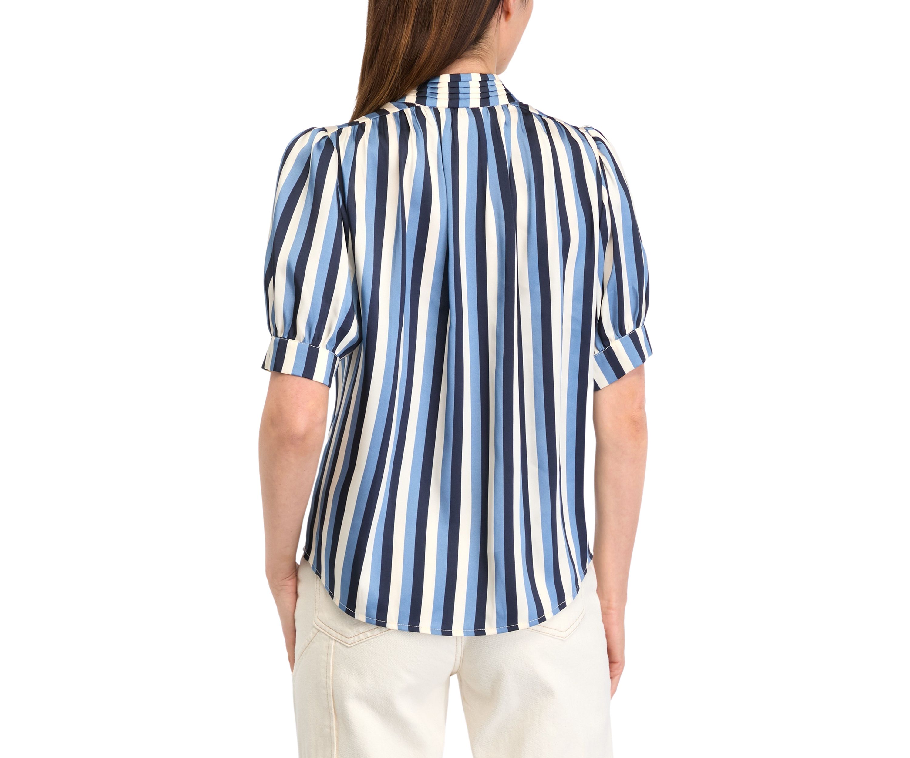 Petite Short Sleeve Pleated Woven Satin Blouse with Shirring