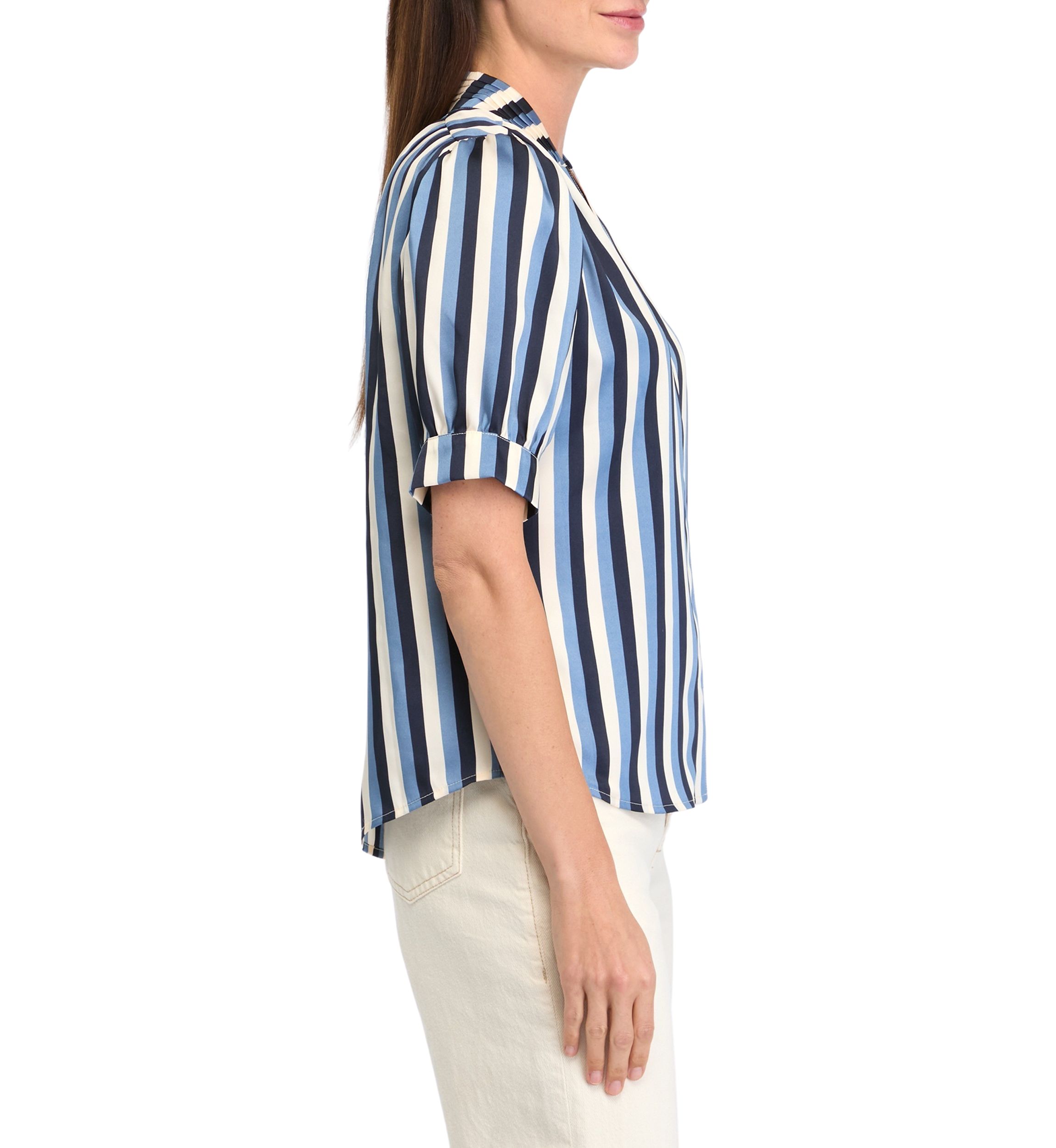 Petite Short Sleeve Pleated Woven Satin Blouse with Shirring