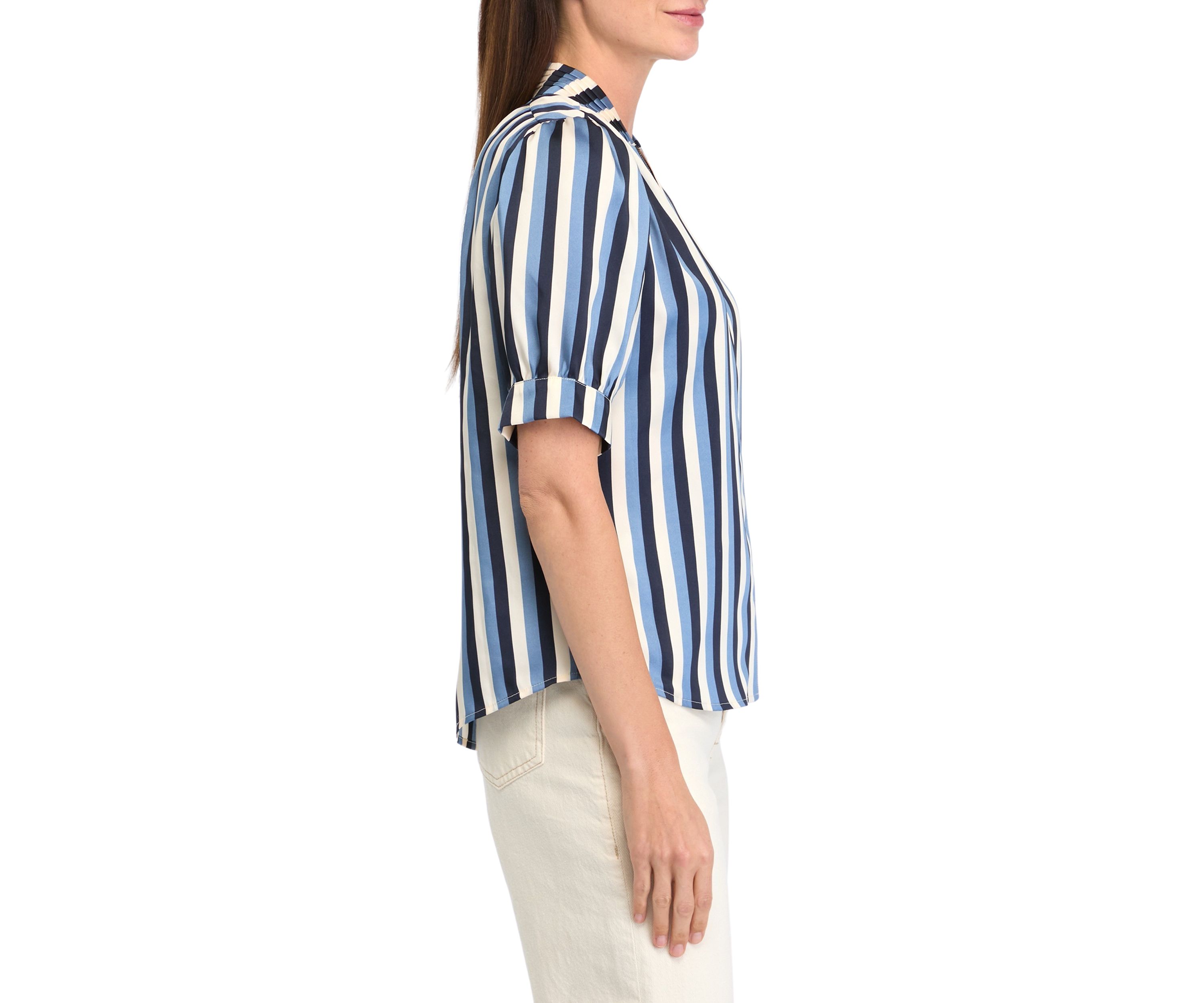 Petite Short Sleeve Pleated Woven Satin Blouse with Shirring