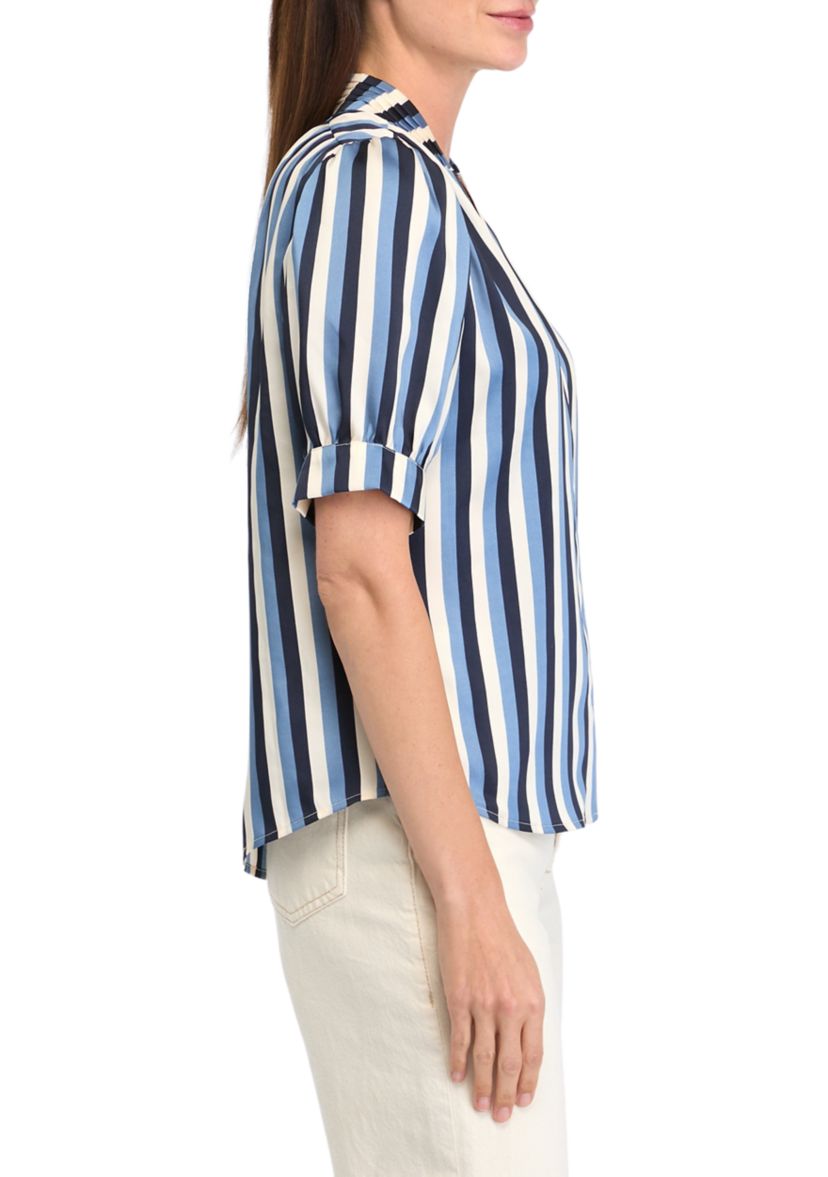 Petite Short Sleeve Pleated Woven Satin Blouse with Shirring