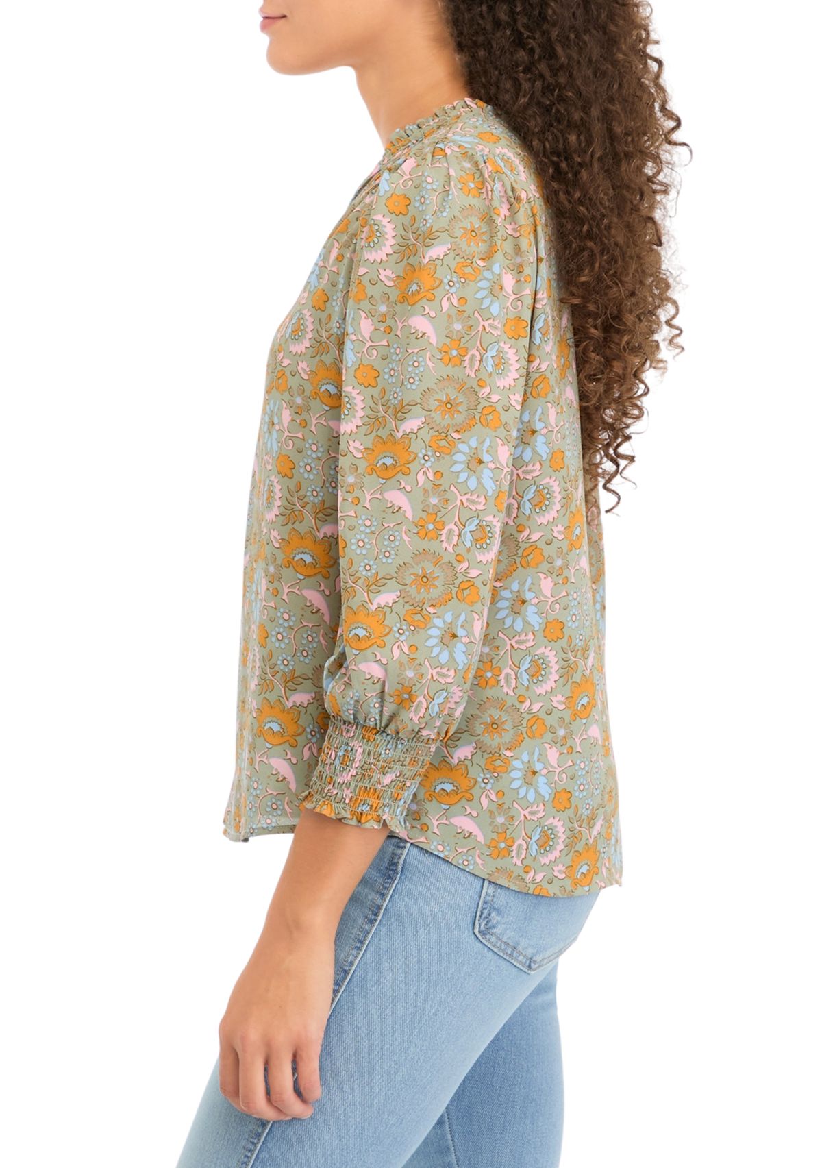 Petite 3/4 Puff Sleeve Woven Printed V-Neck Blouse