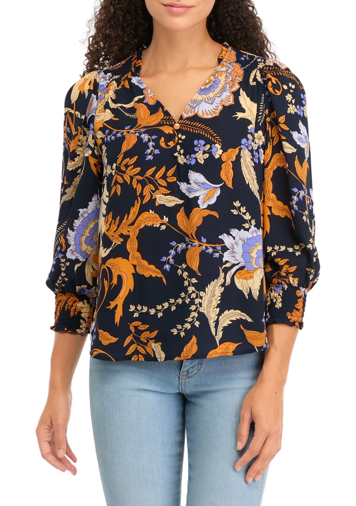 Petite 3/4 Puff Sleeve Woven Printed V-Neck Blouse