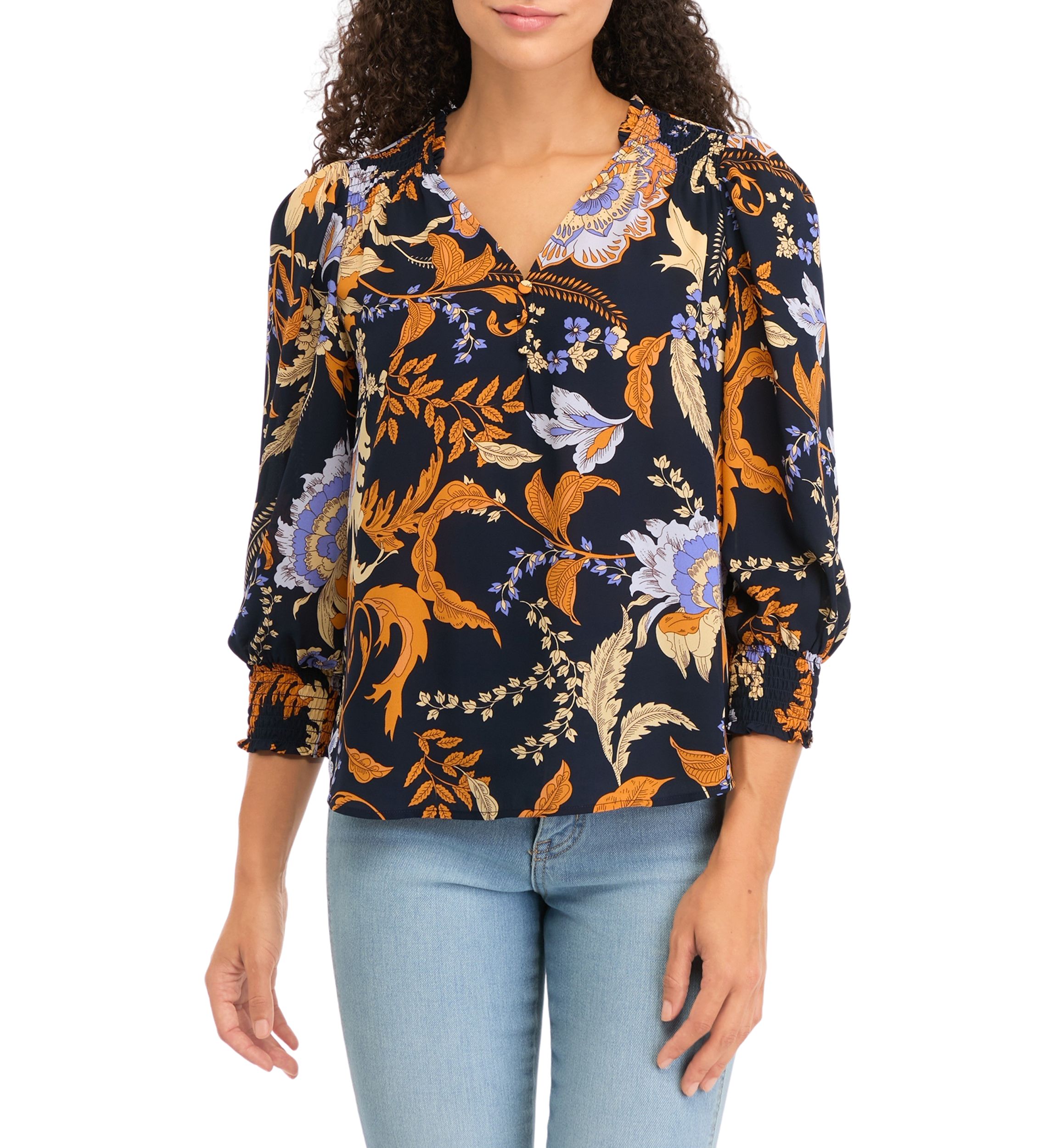 Petite 3/4 Puff Sleeve Woven Printed V-Neck Blouse