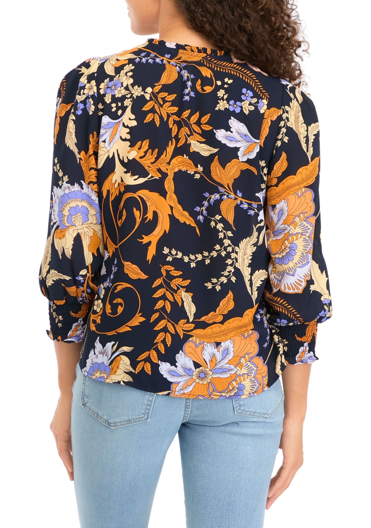 Petite 3/4 Puff Sleeve Woven Printed V-Neck Blouse