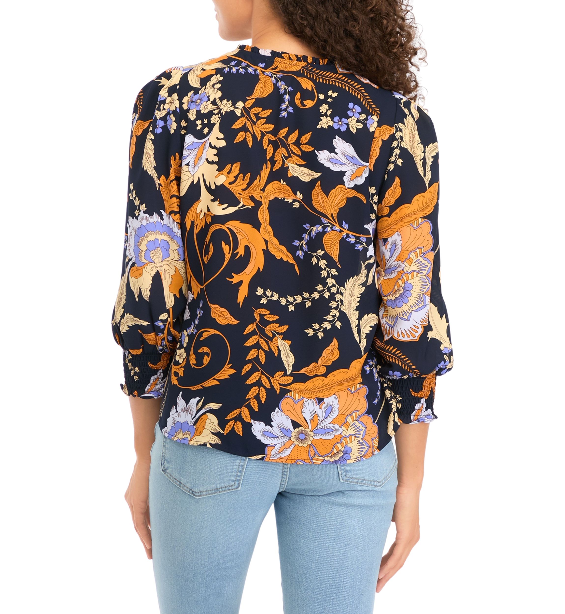 Petite 3/4 Puff Sleeve Woven Printed V-Neck Blouse