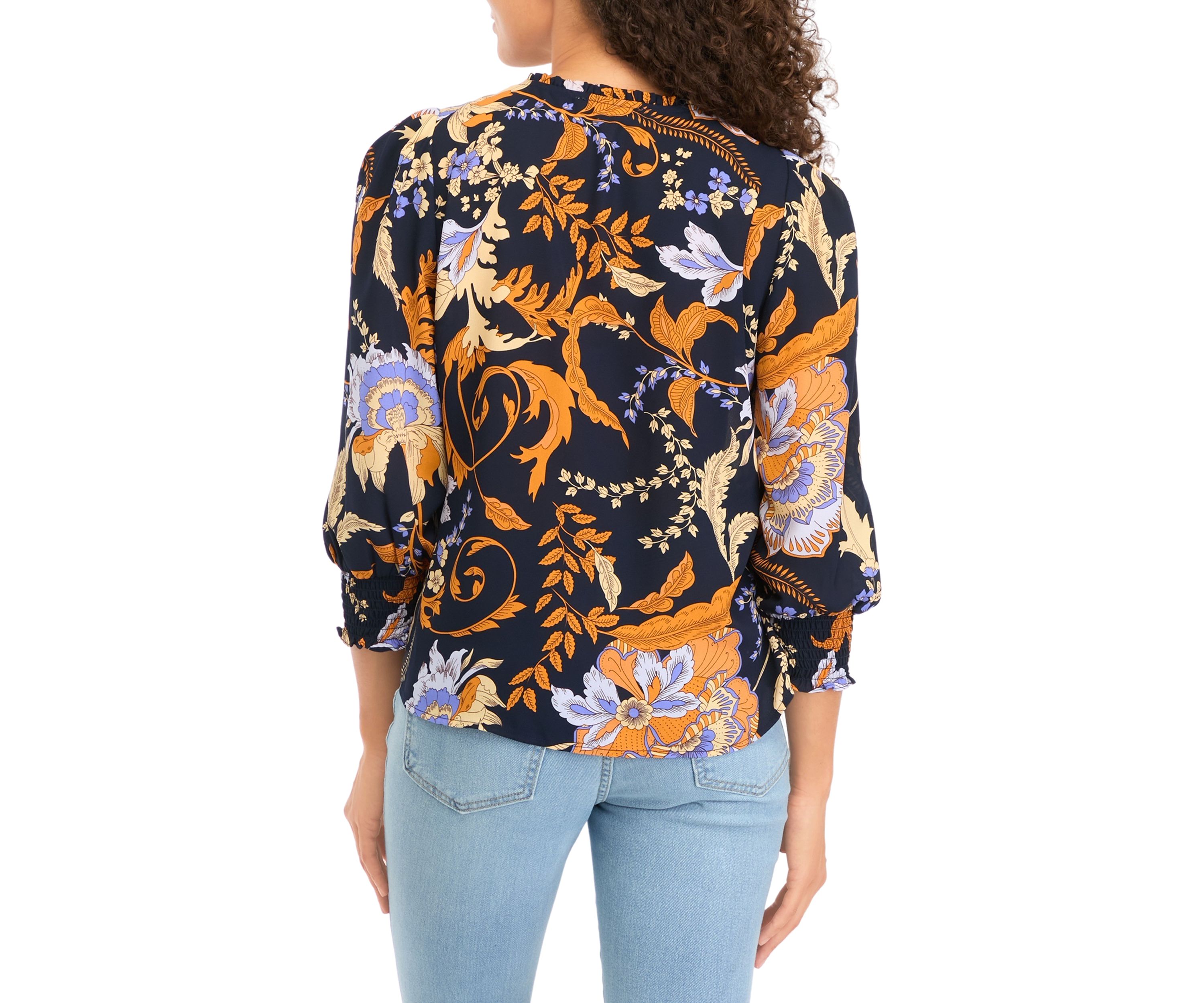 Petite 3/4 Puff Sleeve Woven Printed V-Neck Blouse