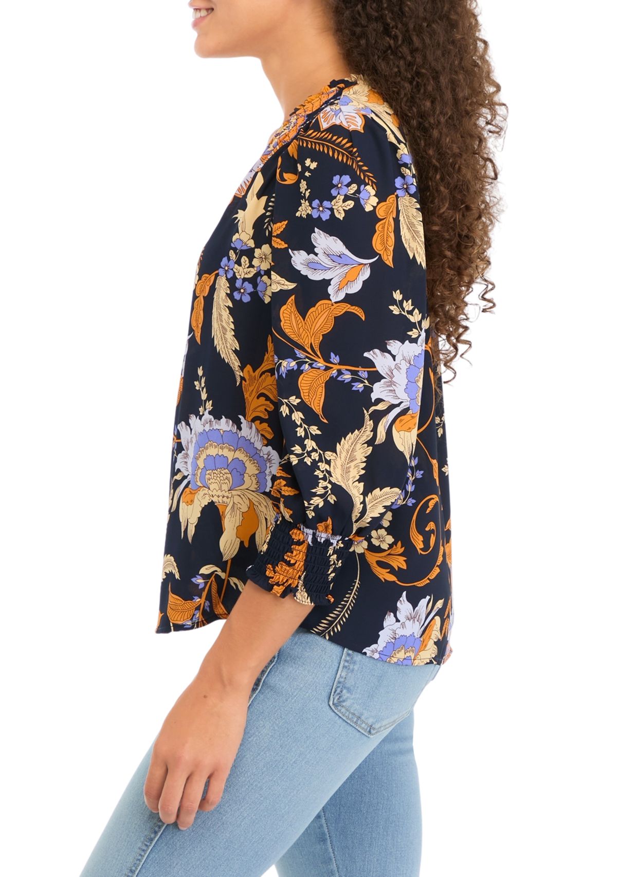 Petite 3/4 Puff Sleeve Woven Printed V-Neck Blouse