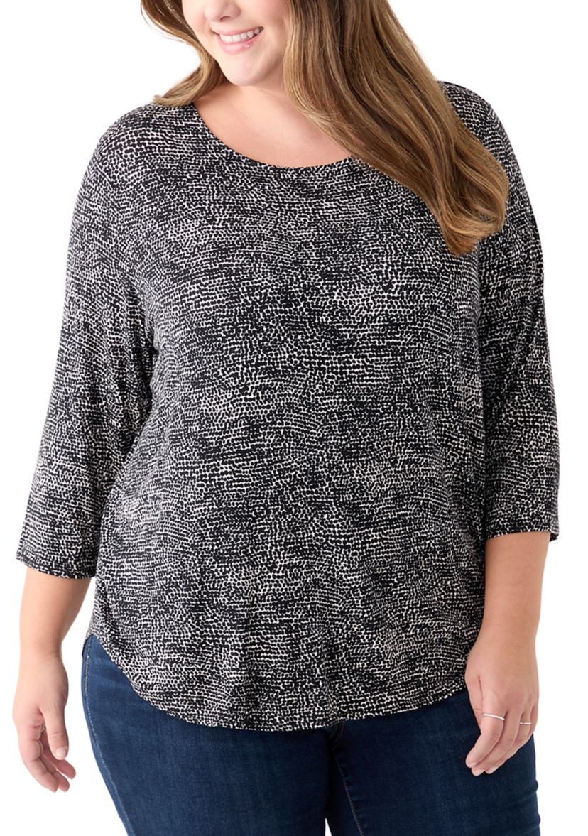 Plus Size 3/4 Sleeve Crew Round Neck High Low Shirt